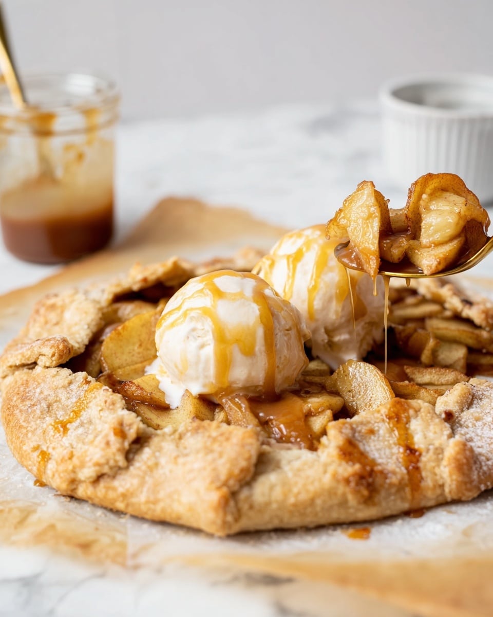 The image shows a rustic apple galette with a golden-brown, flaky crust folded around sliced, caramelized apples that have a warm, slightly glossy finish. On top of the apple layer, there are two scoops of melting vanilla ice cream drizzled with light caramel sauce, creating a creamy white and golden contrast. A woman's hand holding a gold spoon is lifting a piece of the galette, showing the thick, textured crust and soft apple filling underneath. The galette rests on parchment paper over a white marbled surface, with a glass jar of caramel sauce and a white ramekin blurred softly in the background. Photo taken with an iphone --ar 4:5 --v 7