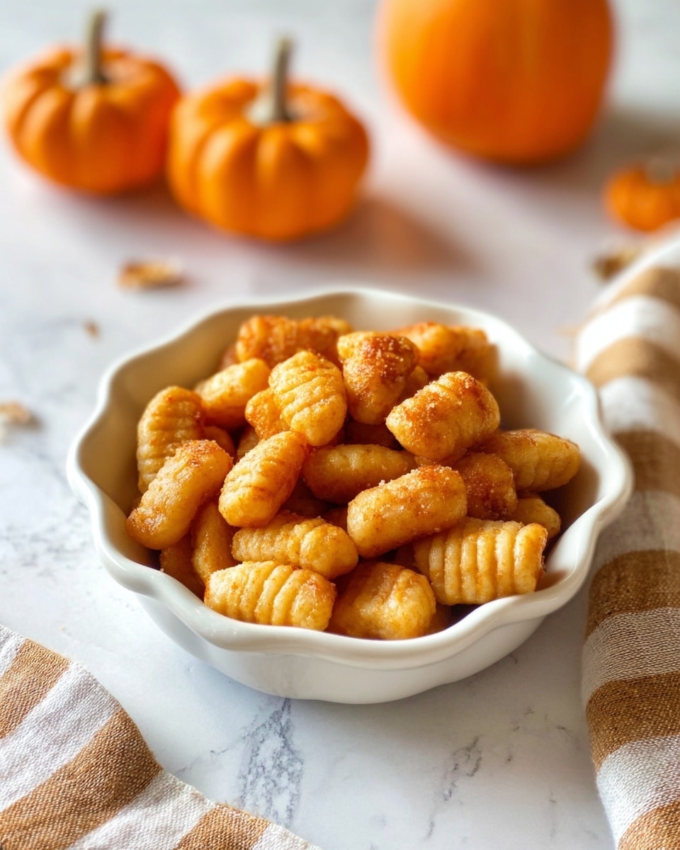 A white scalloped bowl filled with small orange gnocchi pieces, each piece showing a slightly crispy, browned texture with ridges on some of them. The bowl is placed on a white marbled surface with three small bright orange pumpkins in the blurred background and a beige, brown, and white striped cloth folded near the bowl. The lighting highlights the warm, inviting colors of the gnocchi and pumpkins, creating a cozy fall feel photo taken with an iphone --ar 4:5 --v 7