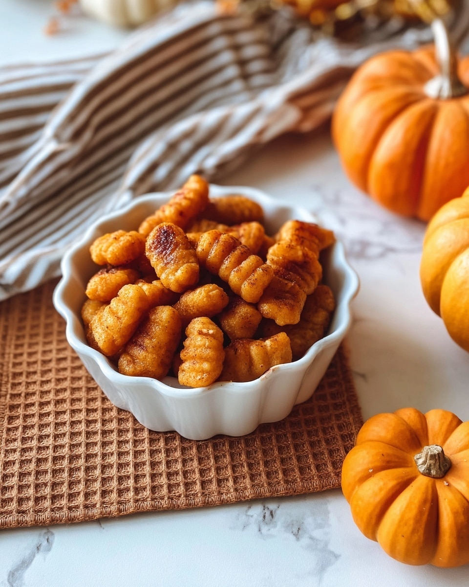 A white scalloped bowl filled with many small, orange-brown gnocchi pieces showing slight grill marks and a crispy texture, resting on a folded brown waffle-patterned cloth. Two small bright orange pumpkins are placed nearby on a white marbled surface, with a striped brown and white cloth in the background. The overall scene has a warm, cozy feeling with a focus on the gnocchi in the bowl. photo taken with an iphone --ar 4:5 --v 7