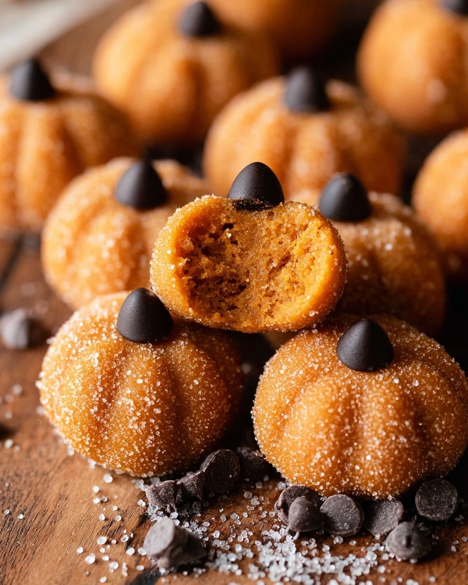 The image shows small pumpkin-shaped treats with a matte orange-brown color and fine sugar coating giving a slightly rough texture. Each treat has distinct vertical lines carved on the surface creating the pumpkin look and a single dark brown chocolate chip pressed into the top center as a stem. One treat is broken in half at the center, revealing a dense, moist, and crumbly interior with a slightly speckled texture. These treats are arranged closely together on a wooden surface sprinkled with extra sugar crystals and chocolate chips around them. photo taken with an iphone --ar 4:5 --v 7