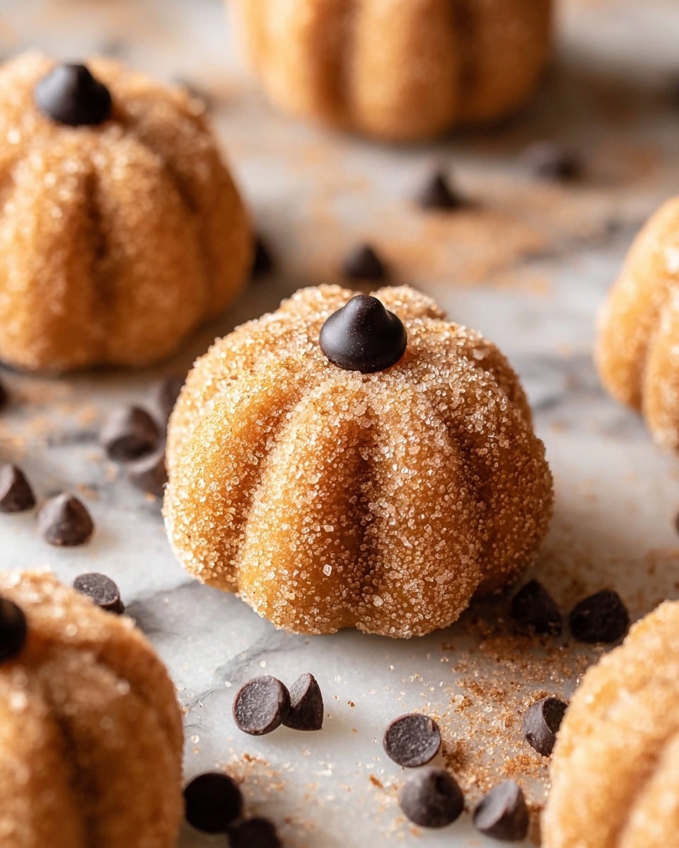 The image shows three small pumpkin-shaped treats on a white plate, each coated with a layer of sugar that sparkles in light. Each treat is orange-brown with deep lines running from top to bottom, creating the pumpkin shape. A small dark chocolate chip is placed at the top center of each treat. The plate also holds two cinnamon sticks lying behind the treats, and the plate is sprinkled with granulated sugar. The scene is set on a white marbled surface. photo taken with an iphone --ar 4:5 --v 7