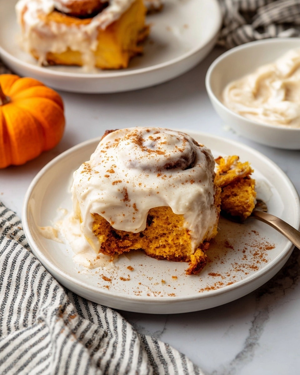 The image shows a white plate with a single cinnamon roll that has a thick layer of creamy white icing spread on top, sprinkled lightly with cinnamon. The roll is orange-brown inside and has a soft texture with visible swirls of cinnamon filling. A piece of the roll is broken off and placed next to it, partially covered with icing. The plate is placed on a white marbled surface, with part of a striped cloth visible on the lower left and a small pumpkin on the right. In the background, there is another white plate with part of a cinnamon roll and a bowl with more icing. Photo taken with an iphone --ar 4:5 --v 7