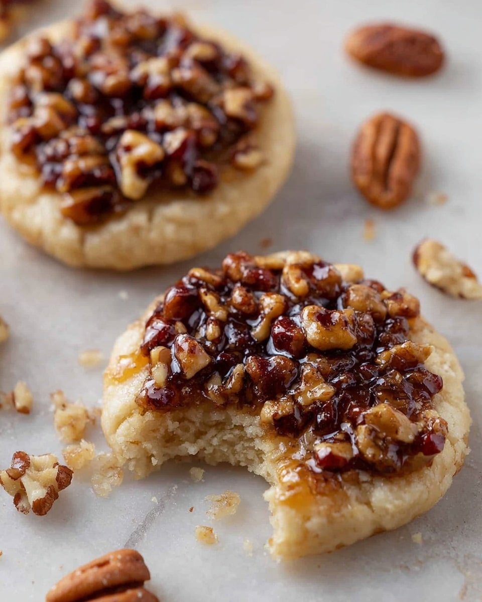 The image shows several round cookies with a soft beige base layer that is thick and slightly cracked on the edges. Each cookie has a generous topping of chopped pecans covered in a shiny caramel glaze, giving the nuts a rich brown and glossy texture. The cookies are placed on a white marbled textured surface with whole pecans scattered around them. The focus is close-up, showing the texture contrast between the soft cookie base and the crunchy nut topping photo taken with an iphone --ar 4:5 --v 7
