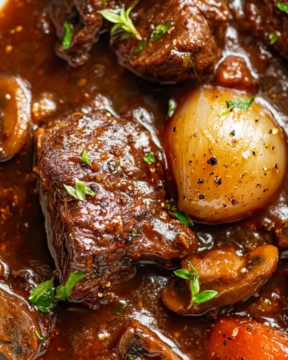 A close-up view of a rich beef stew showing a thick, glossy dark brown sauce coating large chunks of tender beef with a rough, fibrous texture. Visible layers include a whole, smooth, translucent pearl onion near the center with tiny specks of black pepper and fresh green herb leaves scattered on the beef and sauce. Around the beef and onion, pieces of soft orange carrot and slices of brown, slightly shiny mushrooms appear, all covered in the sauce, giving a hearty and warm look. The surface beneath the stew is a white marbled texture. photo taken with an iphone --ar 4:5 --v 7