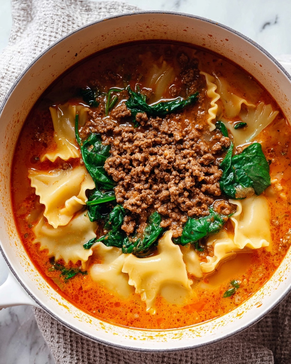 A white pot filled with a rich reddish-orange soup base covers the bottom layer with a smooth, slightly oily texture. Floating above the soup are large, flat, wavy-edged pasta pieces in a pale yellow color scattered unevenly. On top of the pasta, bright, dark green spinach leaves add a fresh, leafy texture. The final layer is a generous pile of small brown cooked minced meat chunks centered in the pot. The pot is placed on a white marbled surface with a textured light cloth in the background photo taken with an iphone --ar 4:5 --v 7