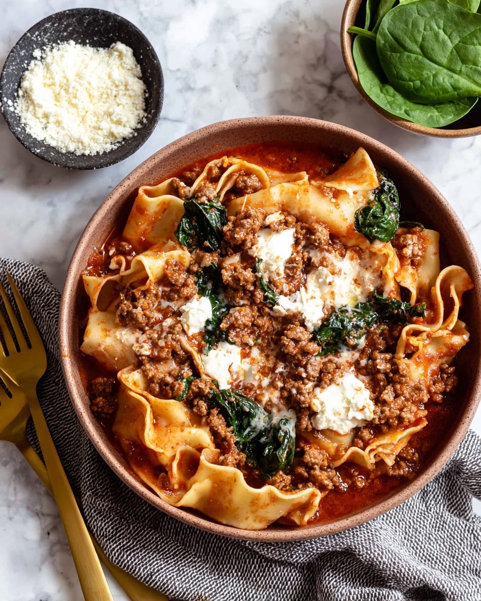 A brown bowl filled with three layers of wide, wavy pasta sheets, mixed with a rich red tomato sauce. The top layer is covered with small pieces of cooked ground meat, bright green spinach leaves, and melted white cheese dollops. Around the bowl, there is a small dark bowl filled with grated white cheese and some fresh spinach leaves on a white marbled surface. A golden fork and spoon rest on a grey textured cloth beside the bowl. Photo taken with an iphone --ar 4:5 --v 7