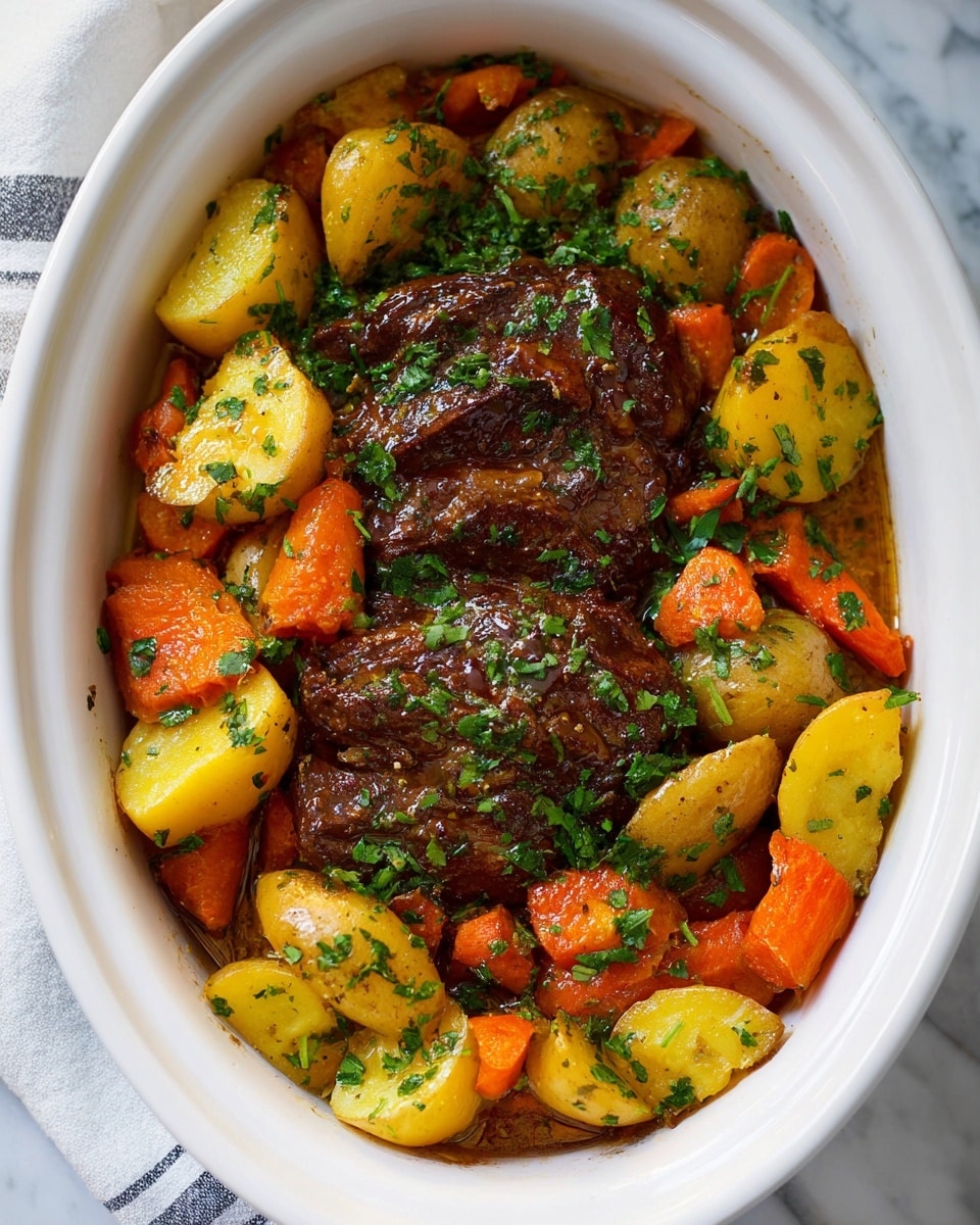 A white oval dish filled with a cooked meal showing three main layers: the bottom layer has large chunks of yellow potatoes and bright orange carrot pieces, both sprinkled with chopped green herbs; the middle layer contains two large dark brown cooked meat pieces with a shiny glaze on top; the top layer is scattered with more green herbs for decoration. The dish sits on a white marbled surface with a bit of the edge of a light striped cloth visible nearby. photo taken with an iphone --ar 4:5 --v 7