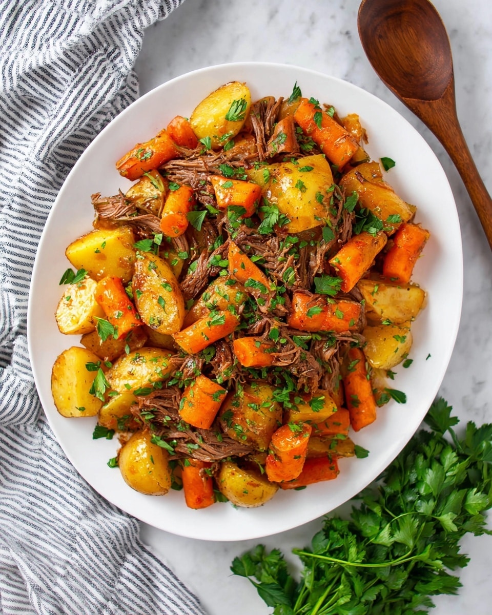 A white plate filled with three main layers: the bottom layer has yellow potatoes cut into large chunks, the middle layer consists of thick orange carrot pieces, and the top layer shows shredded brown beef scattered across the vegetables. The dish is garnished with chopped green herbs sprinkled all over and some fresh green parsley leaves placed on top as a final touch. The plate sits on a white marbled surface with a striped cloth on the left side and a wooden spoon resting to the right near some fresh green parsley. Photo taken with an iphone --ar 4:5 --v 7
