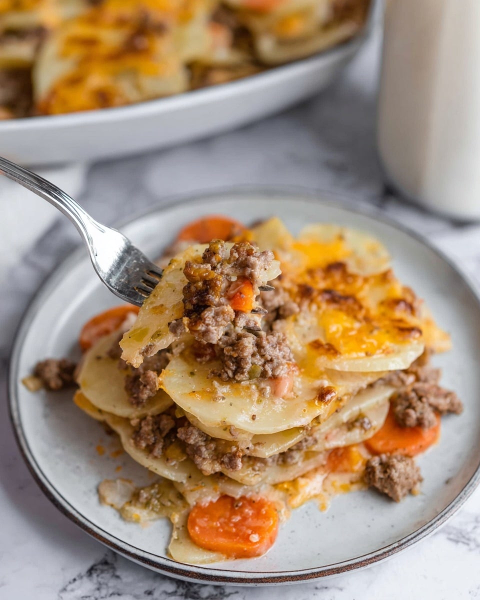 The dish features a white plate layered with several soft, beige slices of potatoes, covered with small chunks of browned ground meat and melted orange cheese scattered unevenly. Among these layers are visible slices of cooked orange carrots adding color contrast. A silver fork holds a bite showing the stacked layers of potato slice, ground meat, and carrot. The background has a white marbled texture, and part of another plate with the same dish is visible behind. Photo taken with an iphone --ar 4:5 --v 7