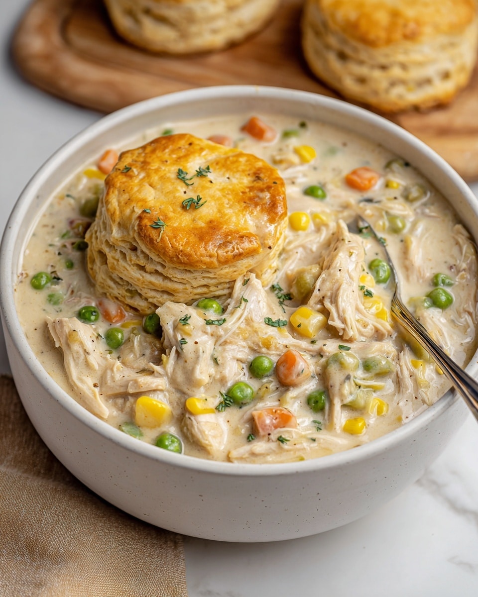 A thick creamy stew is shown in a white bowl filled with shredded light brown chicken and mixed vegetables in a rich sauce. The vegetables include bright yellow corn, green peas and beans, and orange carrot pieces spread evenly throughout. A wooden spoon lifts a hearty scoop with visible texture, showing the thick sauce coating each ingredient. The background is a white marbled surface, and the focus is on the spoonful of stew, capturing the warmth and richness of the dish. Photo taken with an iphone --ar 4:5 --v 7
