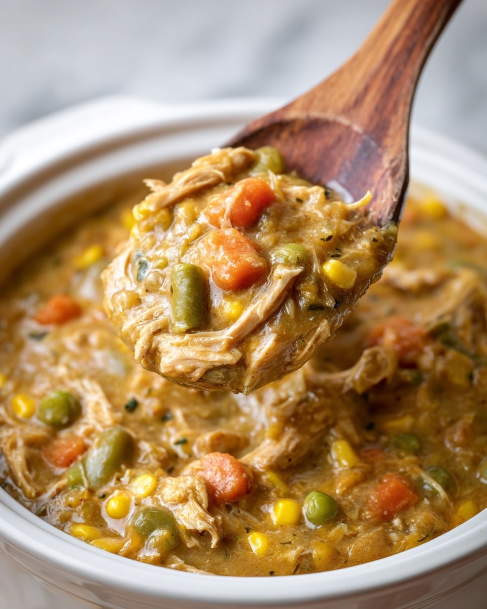 A white bowl filled with creamy chicken and mixed vegetable stew, showing chunks of shredded chicken, yellow corn, green peas, orange carrots, and green beans in a thick light beige sauce. On top, a golden-brown biscuit dipped in the stew, with the creamy sauce and vegetables sticking to its surface. A woman's hand is holding the biscuit just above the bowl. The background features a white marbled surface and some biscuits slightly blurred. Photo taken with an iphone --ar 4:5 --v 7