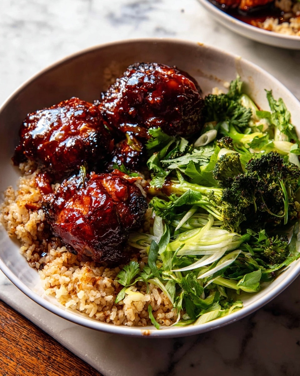 A wooden spoon holds a piece of orange-brown cooked chicken covered in a shiny reddish-brown sauce with small bits of garlic or spices on it. Around the chicken, there are small green broccoli florets with some sauce on them, all inside a black slow cooker. The sauce looks thick and glossy, spreading around the other vegetable and chicken pieces within the cooker. The background is a white marbled texture. Photo taken with an iphone --ar 4:5 --v 7
