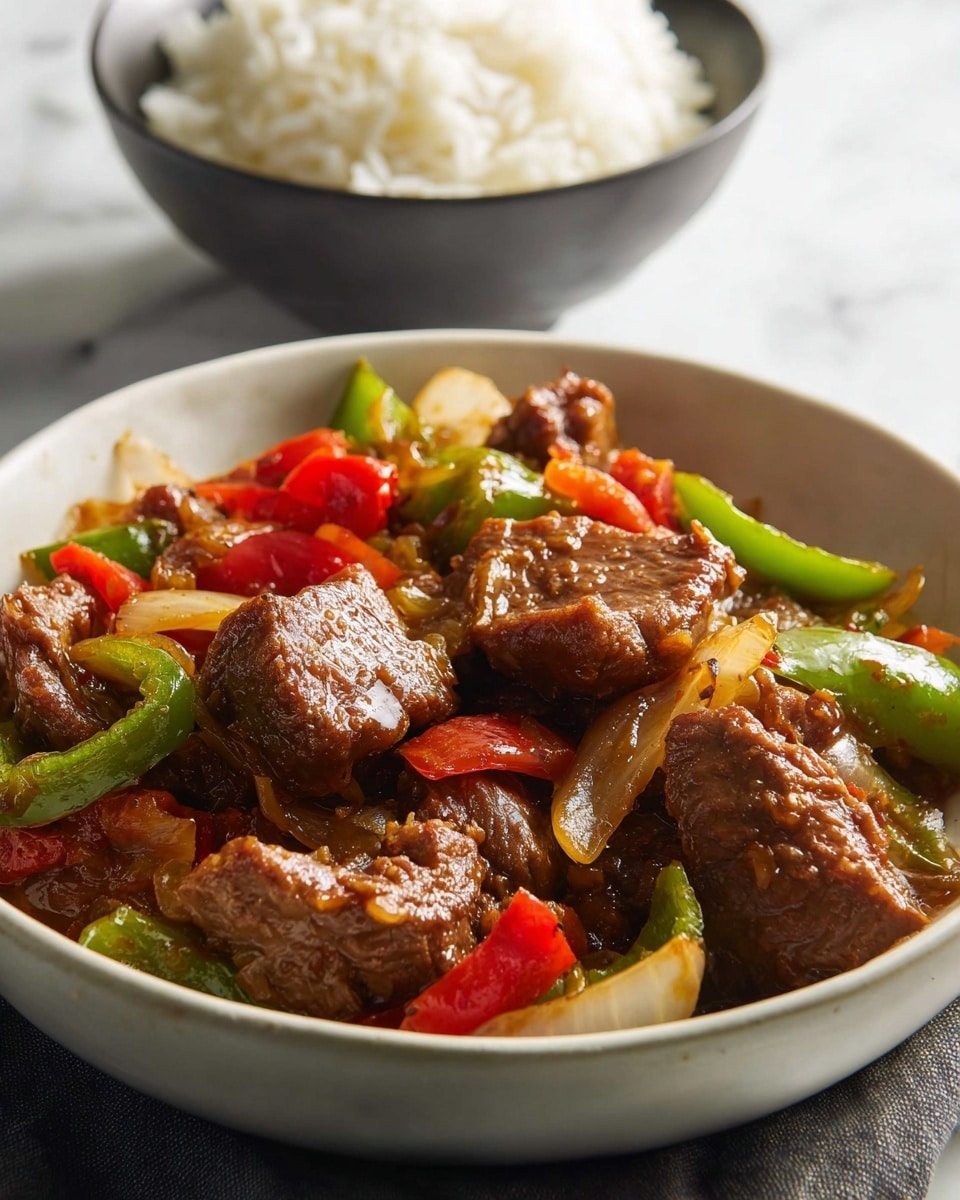 The image shows a white bowl filled with a stir-fry dish that has thick pieces of browned meat mixed with chunky green and red bell peppers and sliced onions. The meat pieces are shiny with sauce and have a slightly rough texture. The green peppers are bright and fresh-looking, while the red peppers add a pop of color. The onions are pale and soft, curling slightly among the other ingredients. In the background, there is a white bowl filled with fluffy white rice. The scene is set on a white marbled surface with soft natural light highlighting the textures and colors of the food. photo taken with an iphone --ar 4:5 --v 7