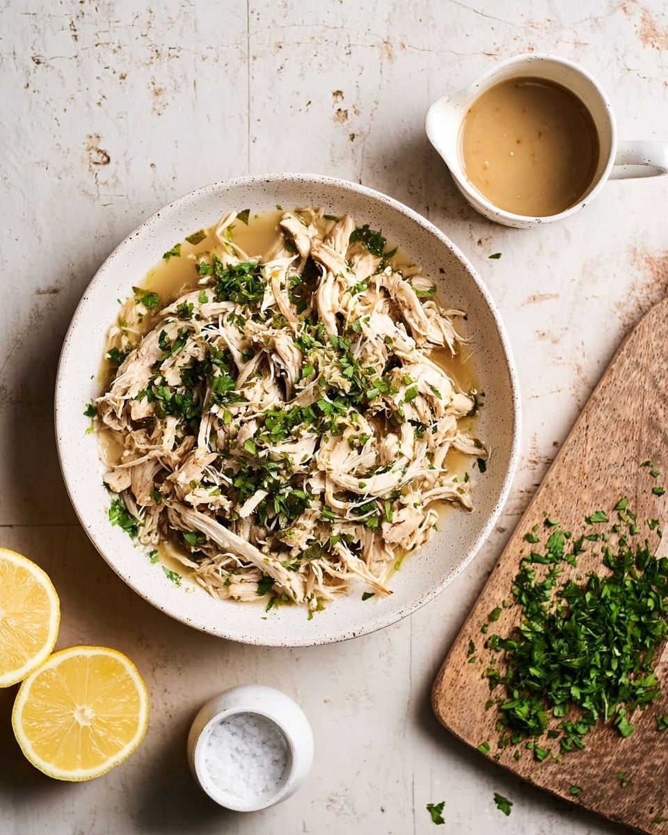 The dish is a mound of shredded pale beige chicken mixed with translucent cooked onions, all placed in a shallow white bowl. The chicken is moist and tender, with some black pepper sprinkled across the top. Green chopped herbs are scattered over the chicken, adding a splash of color. The bowl sits on a white marbled surface, and a halved lemon with a bright yellow interior is placed nearby, slightly out of focus. The overall look is simple and fresh, focusing on the natural textures and colors of the food. photo taken with an iphone --ar 4:5 --v 7