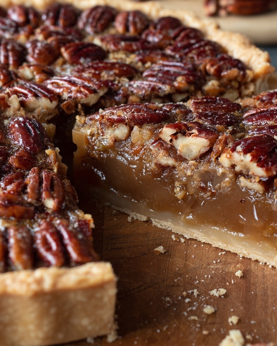 The image shows a pecan pie with one slice removed, revealing three main layers. The top layer is a thick row of shiny, dark brown pecan halves arranged closely together. Below that, a rich, sticky caramel-colored filling with a smooth and slightly translucent texture is visible, showing bits of pecan mixed in. The bottom layer is a light tan, crumbly pie crust with a slightly uneven edge. The pie sits on a wooden surface with crumbs scattered around. Photo taken with an iphone --ar 4:5 --v 7