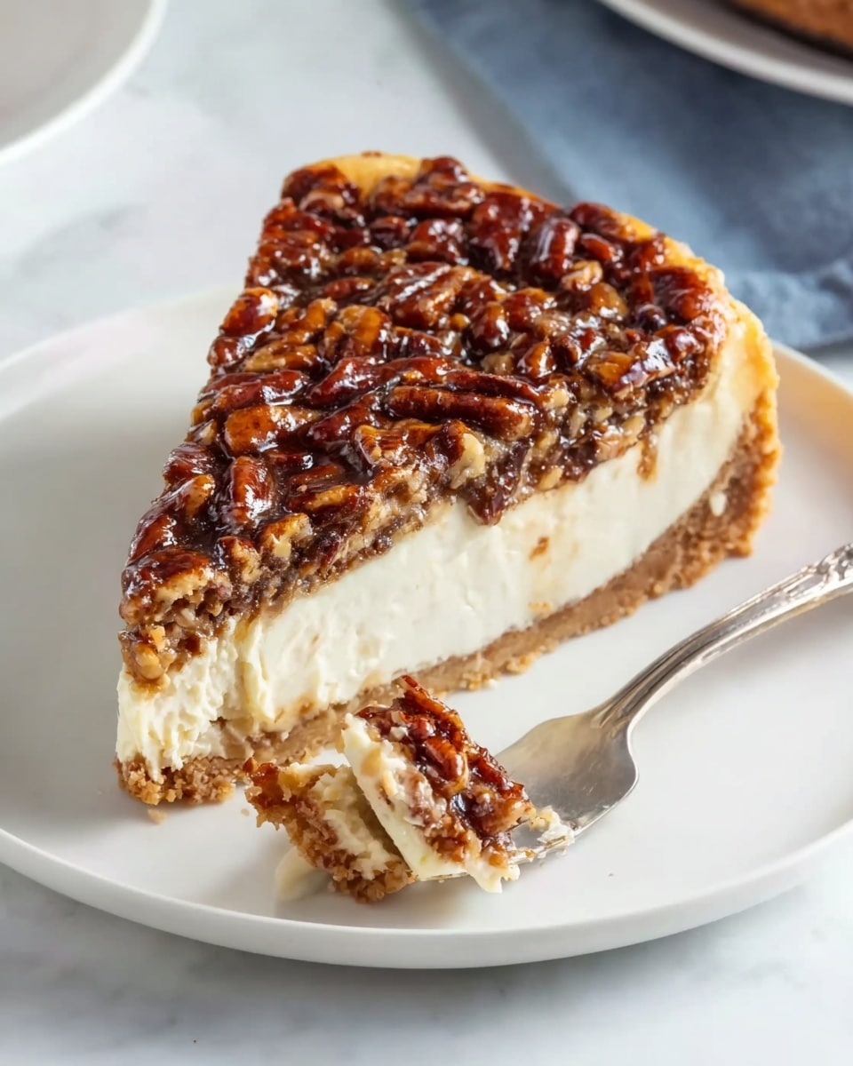 A triangular slice of pecan cheesecake is placed on a white plate with a white marbled background. The dessert has three visible layers: the top layer is a thick, glossy, dark brown pecan nut topping with a textured surface of pecan halves, the middle layer is a creamy white cheesecake filling with a smooth texture, and the bottom layer is a light golden brown crust that looks firm and crumbly. A fork with a small bite of cheesecake is resting on the plate near the slice, adding a casual touch to the presentation. Photo taken with an iphone --ar 4:5 --v 7
