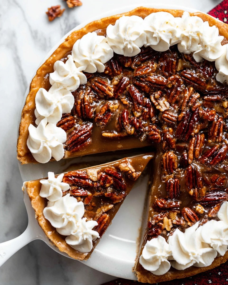 A close-up view of a single slice of pie on a white plate resting on a white marbled surface. The slice has four visible layers: a crumbly, golden-brown crust at the bottom; a thick, creamy beige cheesecake layer above it; a thick layer of caramel topped with whole glossy pecans; and three dollops of white whipped cream on top with a drizzle of caramel sauce. The background is plain white, and the focus is on the detailed textures and colors of the pie slice. photo taken with an iphone --ar 4:5 --v 7