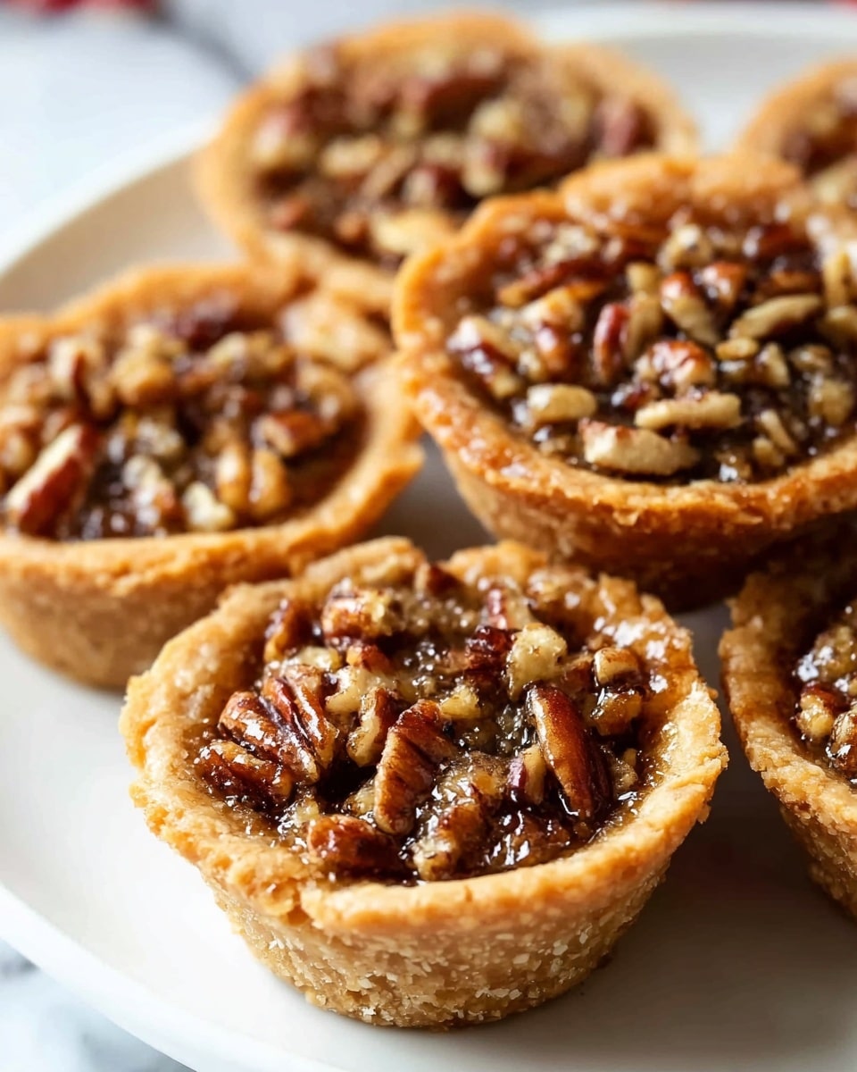 The image shows a close-up of several small pecan tarts arranged closely together on a white plate. Each tart has a golden-brown crust that looks flaky and thick, forming a round, deep cup holding the filling. The filling is textured with whole and chopped pecans in a shiny, caramel-colored syrup that fills the tart to the top without overflowing. The crust edges are slightly uneven, showing a homemade touch. The background is a white marbled texture that is softly blurred to keep focus on the tarts. photo taken with an iphone --ar 4:5 --v 7