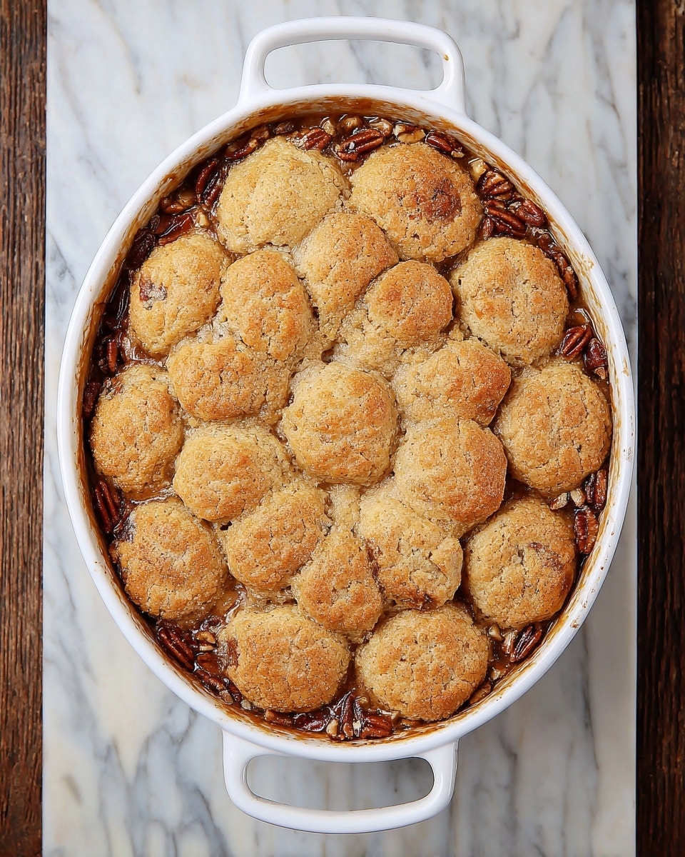 The image shows a round white ceramic dish filled with a baked dessert featuring a top layer of golden brown biscuit-like pieces arranged closely together in a circular pattern. Beneath this top layer, visible around the edges, is a darker, glossy layer that looks like a rich, caramelized nut filling with pecan halves visible throughout. The dish has two handles and sits on a white marbled surface, highlighting the warm colors and textures of the dessert photo taken with an iphone --ar 4:5 --v 7