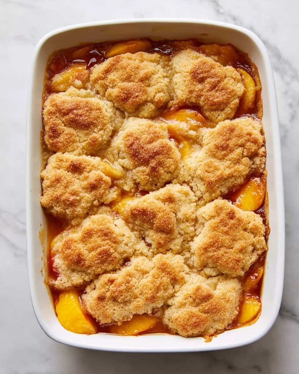 A white rectangular dish filled with a peach cobbler, showing a top layer made of golden-brown biscuit dough in large, uneven patches that cover juicy peach slices underneath. The dough has a rough texture with some slightly darker browned edges. The peach filling peeks through the gaps around the dough, showing soft orange and yellow slices soaked in syrup. The dish is set against a white marbled surface, highlighting the warm colors of the cobbler. photo taken with an iphone --ar 4:5 --v 7