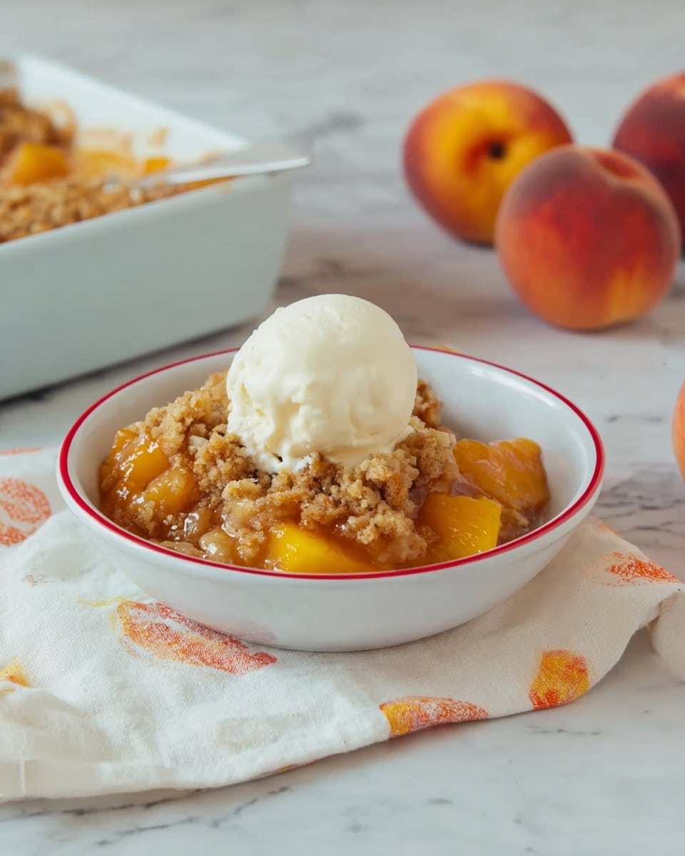 A white bowl filled with a warm peach cobbler showing soft, juicy peach slices in yellow and orange tones scattered throughout. The peach pieces are shiny with syrup, and on top there are broken chunks of golden brown biscuit crust that look crumbly and textured. The bowl is set on a beige cloth napkin, and the background is a white marbled surface. photo taken with an iphone --ar 4:5 --v 7