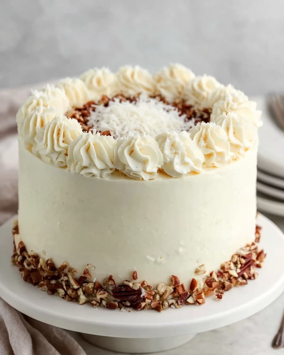 A tall round cake with smooth creamy white frosting covering all sides. It has one layer of piped rosettes at the bottom edge, another circle of rosettes on top close to the edge. Inside the top circle are dark brown chopped nuts sprinkled around, and in the center is a white flaky topping. The cake sits on a white plate with a white marbled background. photo taken with an iphone --ar 4:5 --v 7