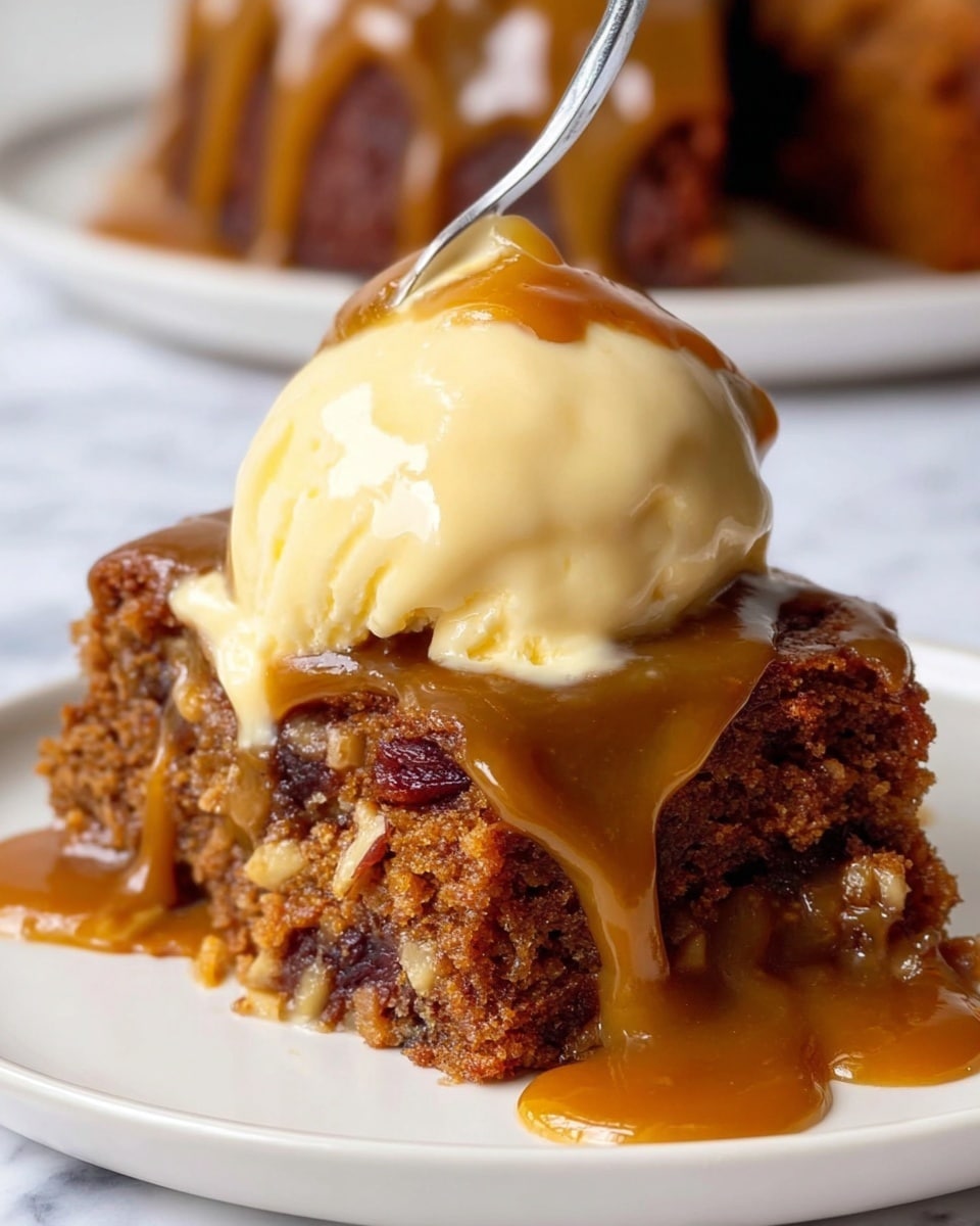 A close-up of a dessert slice on a white plate, showing a single thick layer of moist brown cake with bits of fruit inside. On top, a thick layer of shiny caramel sauce is dripping down the sides, covering the cake partly. Sitting on the caramel is one large, creamy scoop of pale yellow ice cream with a smooth texture. A spoon is scooping some ice cream and caramel sauce from the top. In the blurred background, another round cake with caramel dripping down is visible. The surface is a white marbled texture. photo taken with an iphone --ar 4:5 --v 7