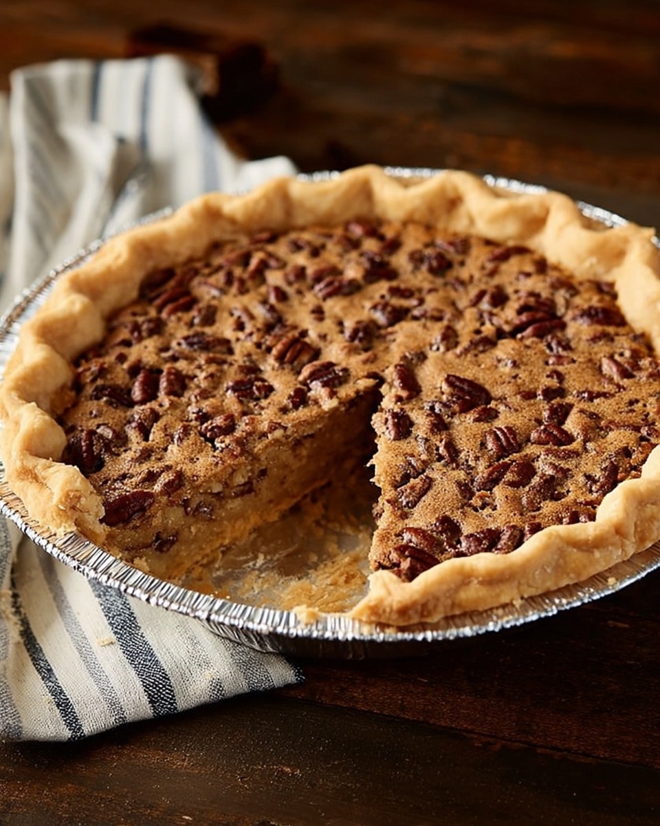 A pie with a thick golden crust on the edges and a filling full of toasted pecan pieces spread evenly on top. One slice is removed, showing the light brown, soft, and slightly textured filling beneath the pecans. The pie is in a shiny foil pan and placed on a dark wooden surface with a striped cloth nearby. photo taken with an iphone --ar 4:5 --v 7