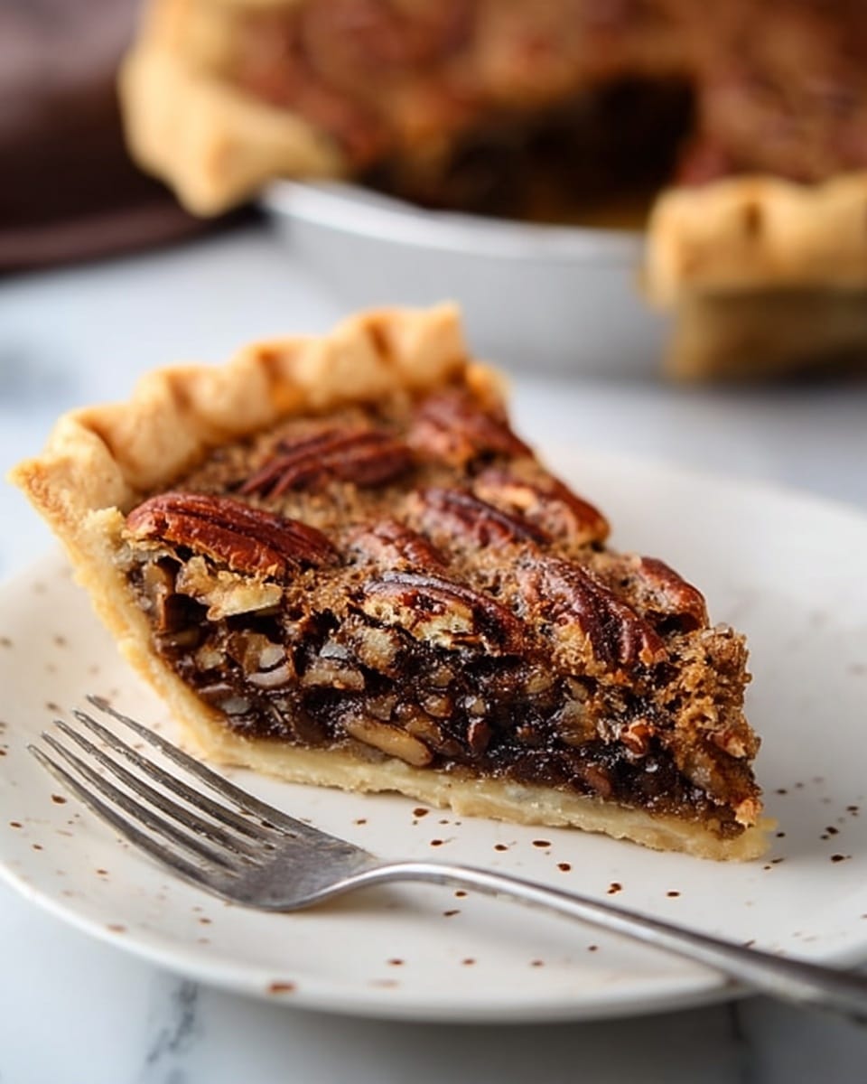 The image shows a pecan pie with a slice taken out. The pie has one main layer visible: a dense filling full of small, dark brown pecan pieces mixed into a golden, slightly crumbly base. The top is rough and uneven with whole pecan halves scattered across its golden crust. The pie crust around the edge is thick and light golden, slightly crumbled in some spots. The pie sits in a shiny silver pie dish with some crumbs around the empty slice area. The surface beneath the dish is a white marbled texture. Photo taken with an iphone --ar 4:5 --v 7