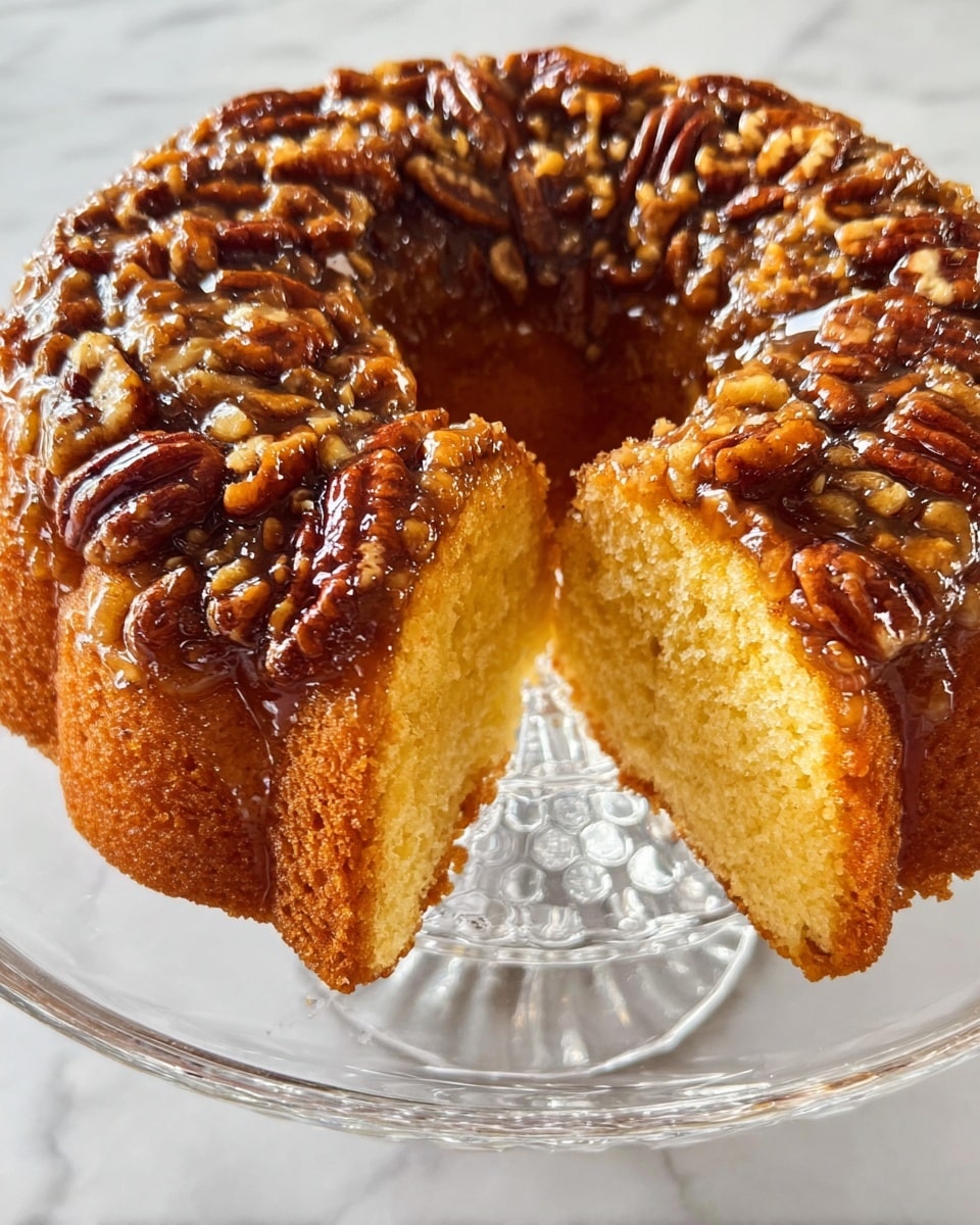 A round bundt cake with a golden-yellow, moist texture is shown on a clear glass stand. The cake has one slice removed from the front, revealing its soft inside. The top layer is covered in a thick layer of glossy caramelized pecans, dark brown and shiny, arranged closely together around the entire top ring. The scene sits on a white marbled surface. Photo taken with an iphone --ar 4:5 --v 7