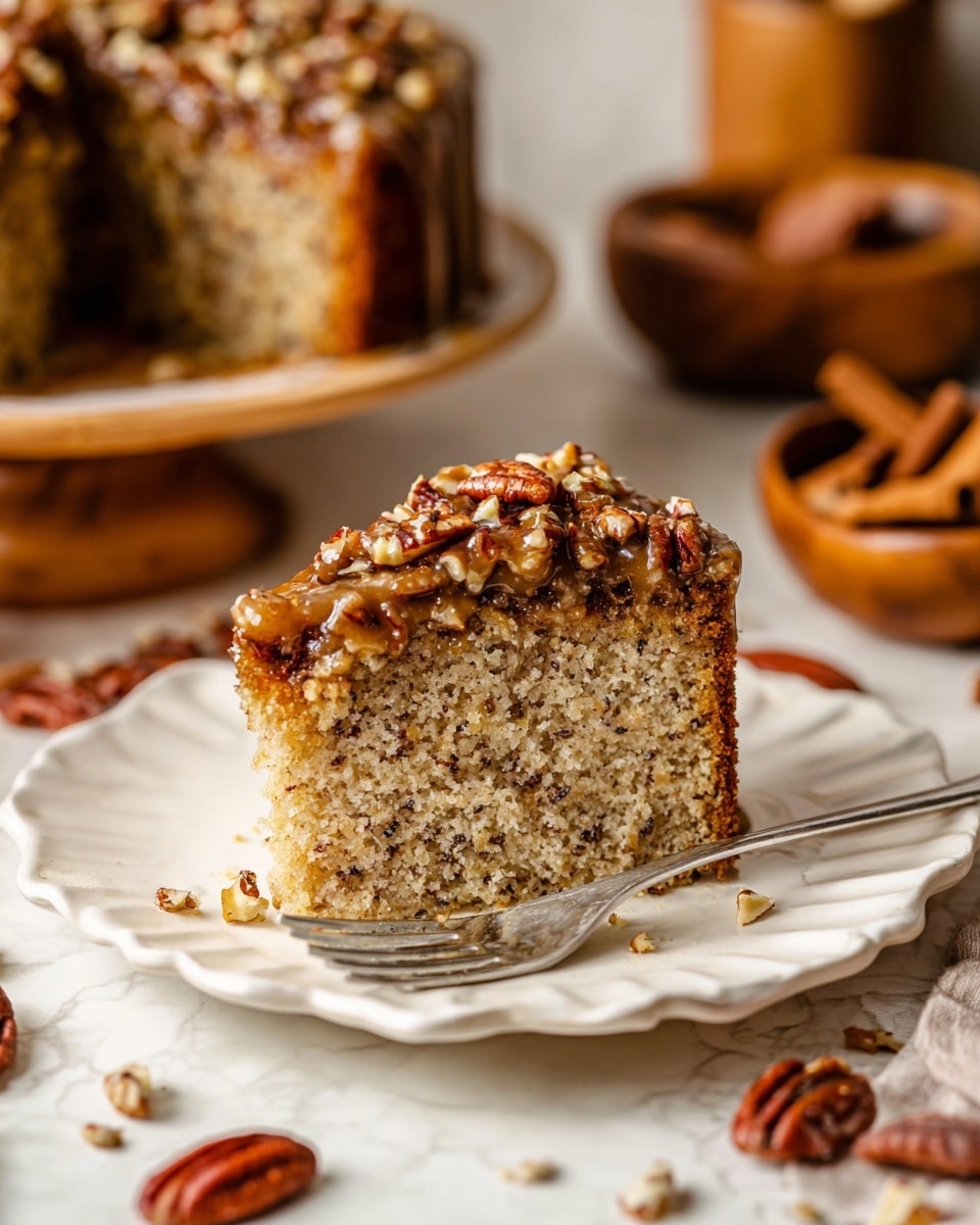 A single slice of moist, light brown nut cake sits on a white scalloped plate. The cake has two visible layers: the bottom part is fluffy and filled with small dark specks, likely nuts or spices, while the top is a thick layer covered with a golden-brown sticky glaze and chopped pecans. The plate holds a simple silver fork on the right side. Around the plate, whole pecans are scattered on a white marbled surface, with some wooden bowls full of pecans and cinnamon sticks blurred in the background, creating a warm and cozy setting. Photo taken with an iphone --ar 4:5 --v 7