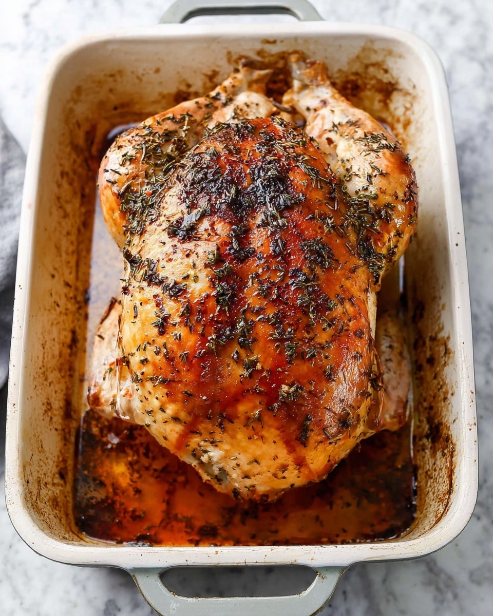 A whole roasted chicken sits in a white rectangular baking dish with handles, its skin browned and crispy with herbs and black pepper scattered all over the surface. The chicken's top layer has a golden color with darker browned spots and an oily, slightly shiny texture from cooking juices. Surrounding the chicken in the dish is a shallow layer of dark brown drippings and juices. The baking dish is placed on a white marbled surface. Photo taken with an iphone --ar 4:5 --v 7