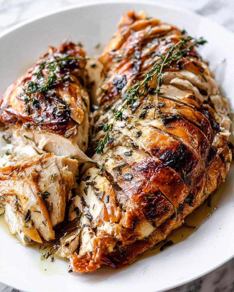 The image shows two large slices of roasted chicken placed side by side on a white plate, lying on a white marbled surface. Each slice has a golden-brown, crispy skin with visible grill marks and herbs like thyme scattered on top, adding a fresh green color. The chicken is cut into thick layers, revealing juicy white meat inside under the browned skin. The texture of the meat looks tender and moist, while the skin appears slightly crunchy. Small drops of juices and oil glisten on the surface, highlighting the roast's savory appeal. Photo taken with an iphone --ar 4:5 --v 7