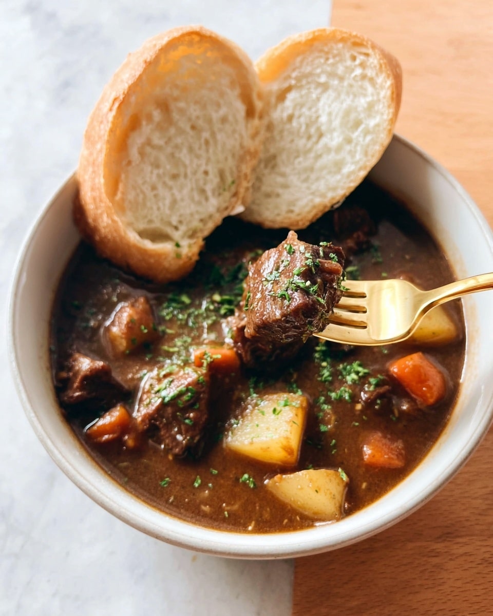 A white bowl filled with rich brown stew containing chunks of meat, potatoes, and small bits of orange carrots, topped with green herbs. Two slices of bread with soft, white buttered interiors rest at the edge of the bowl. A gold fork holds up one piece of the tender meat above the stew. The scene is set on a white marbled surface. photo taken with an iphone --ar 4:5 --v 7
