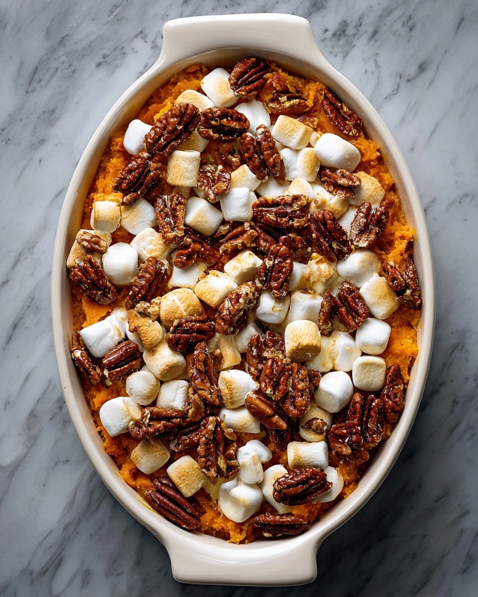 An oval white dish is filled with a layered sweet potato casserole. The base layer is orange mashed sweet potato with a soft, slightly chunky texture. On top, there are large white marshmallows scattered evenly, some partly melted into the sweet potato. Dark brown pecan halves are spread generously over the marshmallows, adding a crunchy texture and rich color contrast. Small pieces of pale yellow butter are dotted throughout the dish, visible between the marshmallows and pecans. The dish sits on a white marbled surface, and the photo taken with an iphone --ar 4:5 --v 7