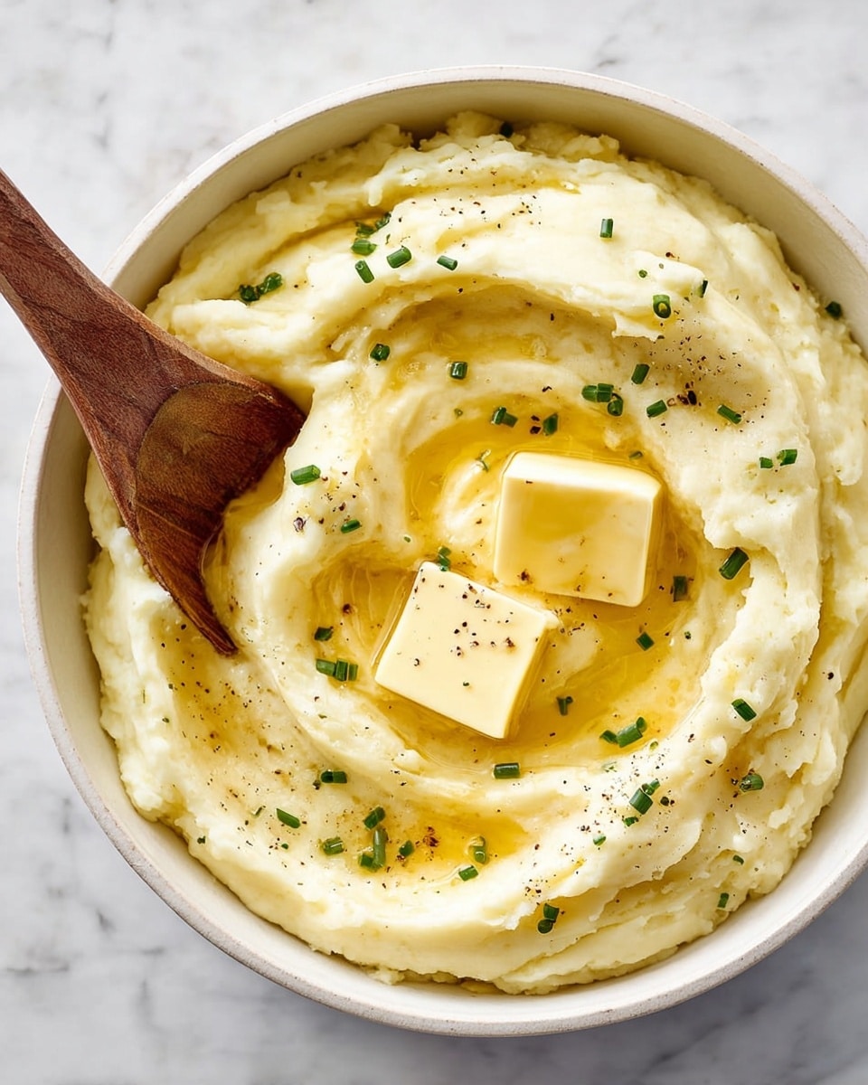 A white round bowl filled with creamy mashed potatoes, with soft swirls creating a textured top layer. The surface has melted butter pooled mostly in the center, shining golden yellow, and sprinkled with small green chive pieces and black pepper. A pat of unmelted butter sits right in the middle, slightly melting into the potatoes. The bowl sits on a white marbled surface, with a green and white striped cloth partially visible behind it, and a wooden spoon resting on the cloth photo taken with an iphone --ar 4:5 --v 7