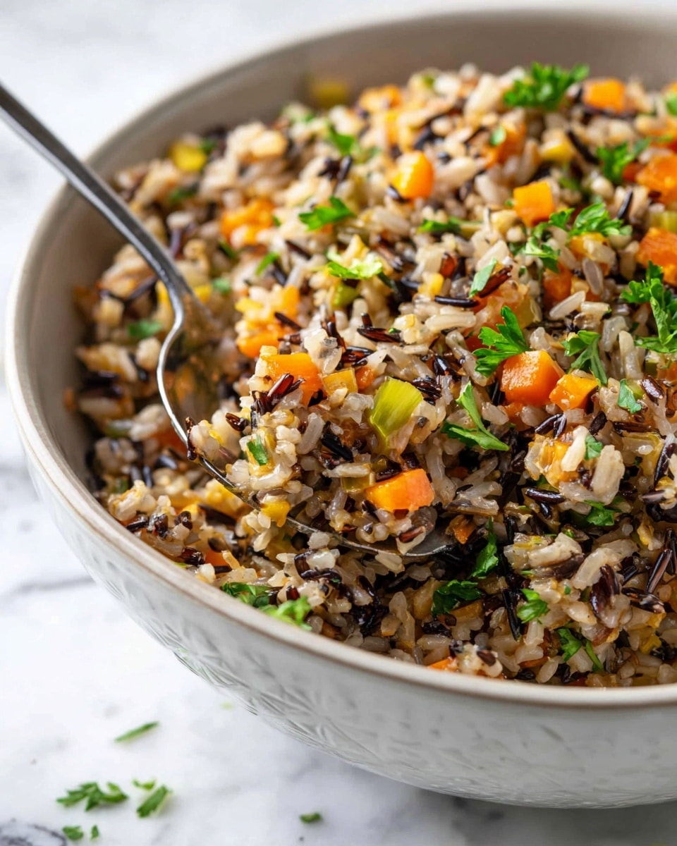 A close-up of a bowl filled with a mixed rice dish showing three visible layers: at the base is a mix of short and long grains of cooked white and black rice, giving a varied texture and dark spots throughout; scattered within the rice are small diced orange carrots and small chopped green celery pieces adding bright color contrast; fresh green parsley leaves are sprinkled on top, giving a fresh and light touch. A silver spoon is placed inside the bowl, partly buried in the mix of rice and vegetables. The bowl is white with a subtle pattern on the outside and sits on a surface with a white marbled texture. Photo taken with an iphone --ar 4:5 --v 7