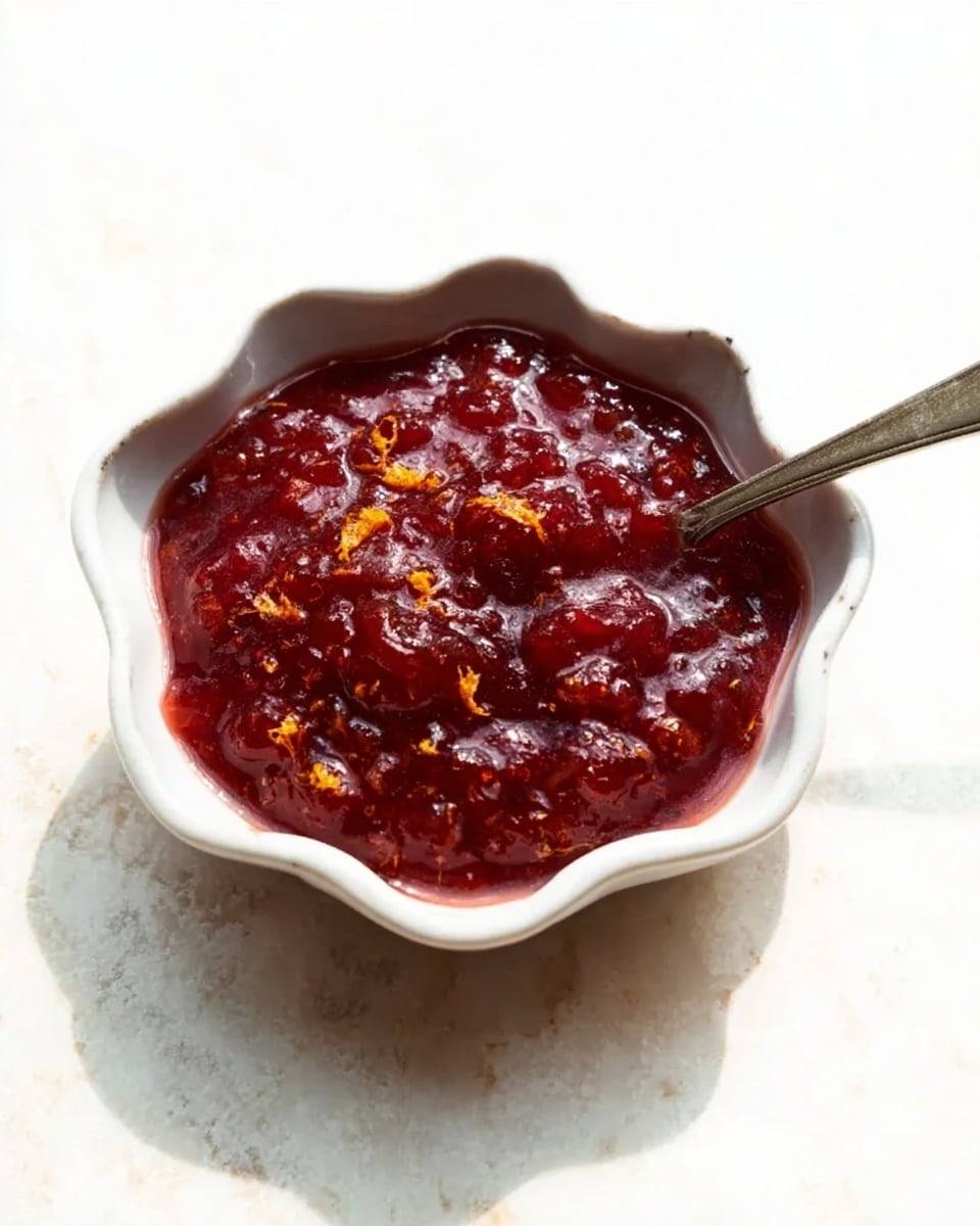 A small white ceramic bowl with wavy edges filled with a thick, deep red sauce that has a shiny, chunky texture, with some small orange zest pieces scattered on top. A silver spoon rests inside the bowl, slightly sticking out. The bowl sits on a white marbled surface with soft lighting highlighting the rich color and glossy finish of the sauce photo taken with an iphone --ar 4:5 --v 7