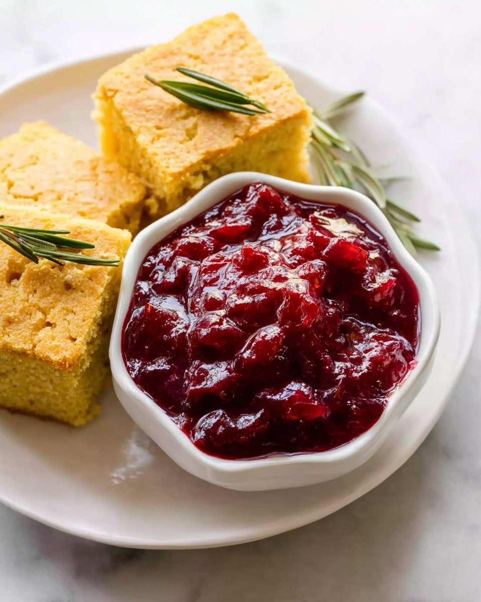 The image shows a close-up of a white scalloped bowl filled with thick, bright red cranberry sauce with visible chunks and a shiny texture, placed on a white plate. Next to the bowl on the plate are two square pieces of golden cornbread with a crumbly texture, each topped with a small green rosemary leaf. The surface beneath the plate is white marble, adding a clean and bright background. Photo taken with an iphone --ar 4:5 --v 7
