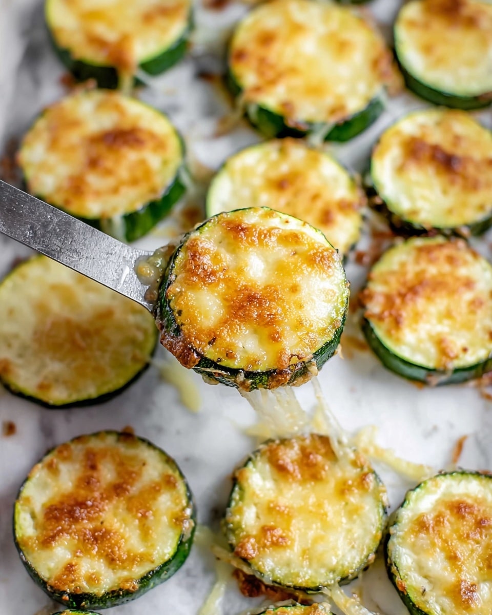 The image shows multiple round slices of zucchini topped with a golden, melted layer of cheese sitting on a white marbled surface. Each zucchini slice has a green outer skin with an inner pale green-yellow center covered by the browned cheesy topping. The slices appear to have a light crispy texture with some cheese threads stretching between as three slices are held up by a metal spatula in the center of the image. The background is filled with more cheesy zucchini slices scattered loosely, creating a sense of abundance. Photo taken with an iphone --ar 4:5 --v 7