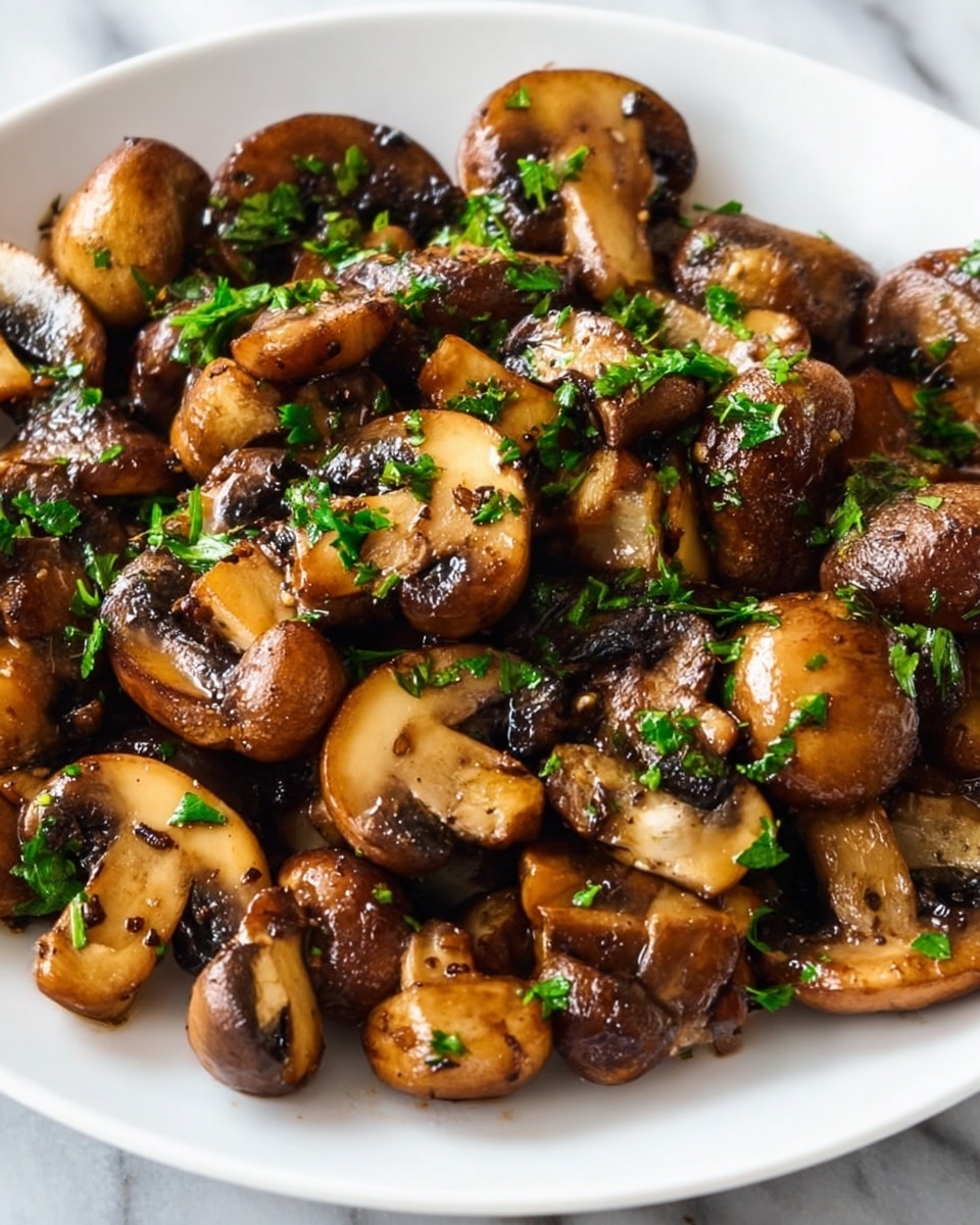 The image shows a close-up of a white plate filled with sautéed mushrooms, including whole and half pieces, with a shiny brown color and slightly golden edges. The mushrooms are topped with bright green chopped herbs scattered evenly, adding a splash of fresh color. The dish appears moist with a slight glistening texture, and the background is a white marbled surface. photo taken with an iphone --ar 4:5 --v 7