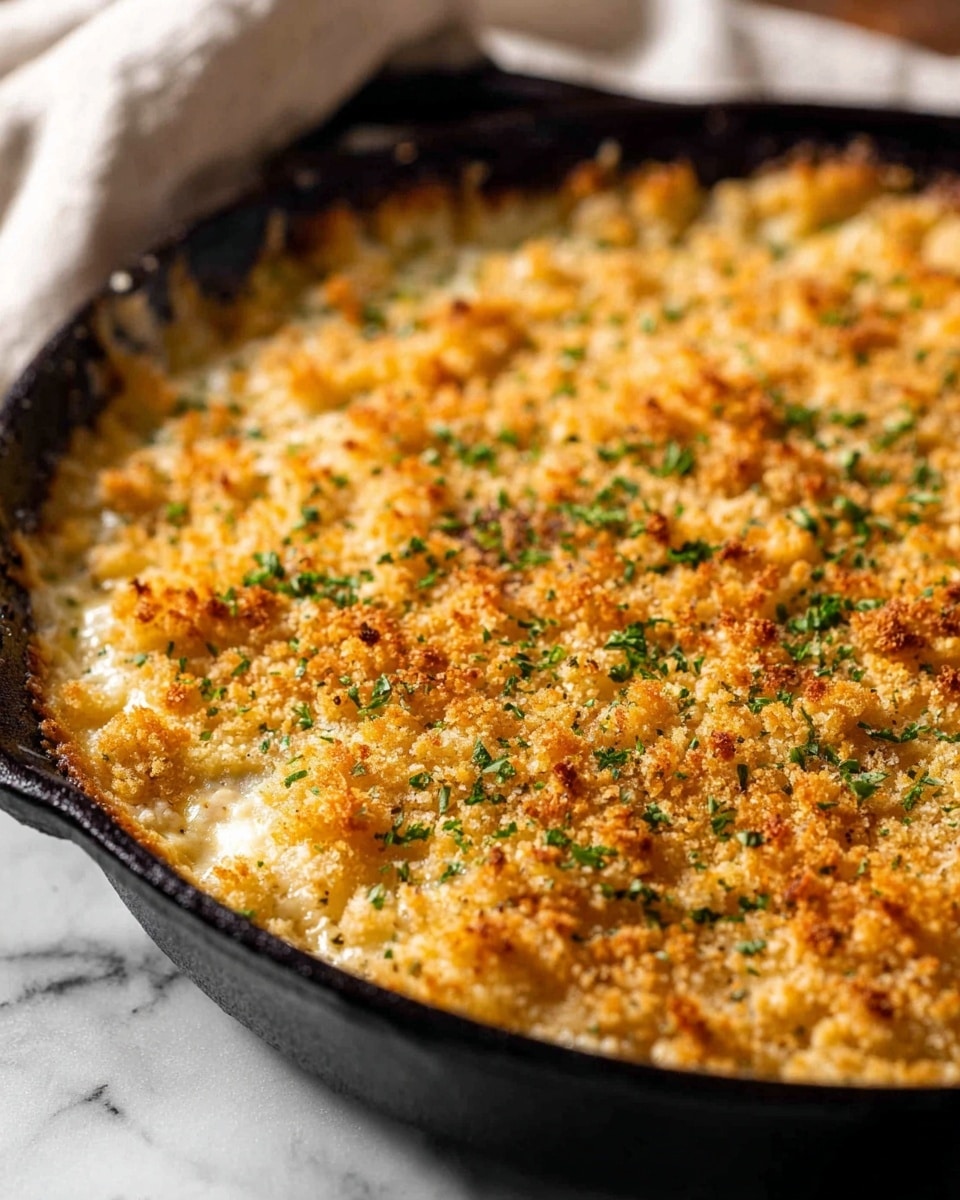 The image shows a close-up of a baked dish in a black cast iron skillet, filled with a golden-brown crumb topping mixed with small bits of green herbs scattered on top. The crumb layer is crispy and evenly toasted, covering a creamy layer beneath that can be seen slightly bubbling near the edges. The dish sits on a white marbled surface with a soft cloth partially visible in the background. photo taken with an iphone --ar 4:5 --v 7