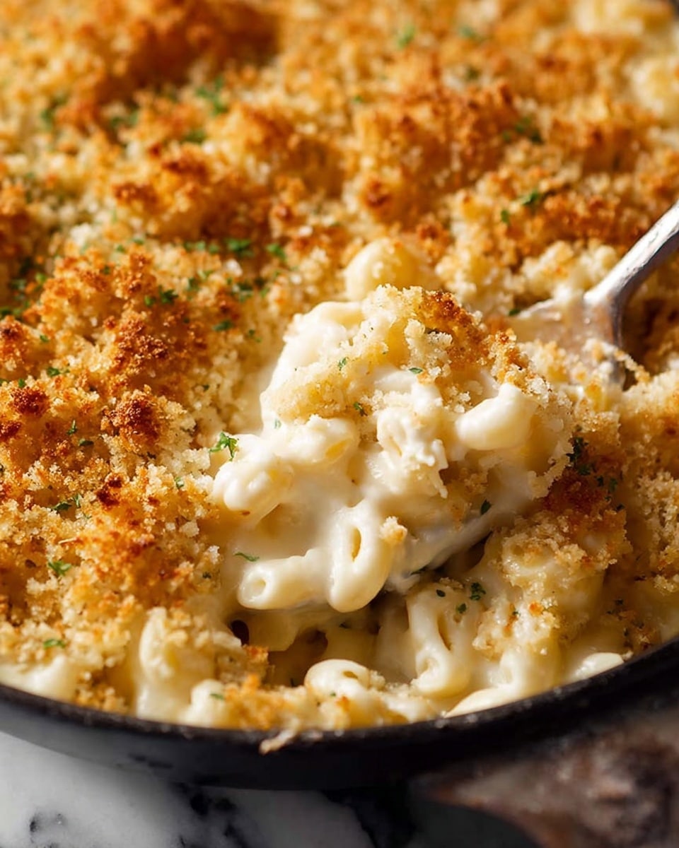 A close-up view of a creamy macaroni and cheese dish in a black pan on a white marbled surface, showing three layers: at the top, a golden brown, crunchy crumb topping with small sprinkles of green herbs; underneath, a thick, white sauce layer with smooth, curved macaroni pieces coated evenly; the bottom layer is mostly hidden but suggests more creamy macaroni beneath. A spoon stirs into the mac and cheese, lifting a portion to reveal the soft, rich texture inside. Photo taken with an iphone --ar 4:5 --v 7