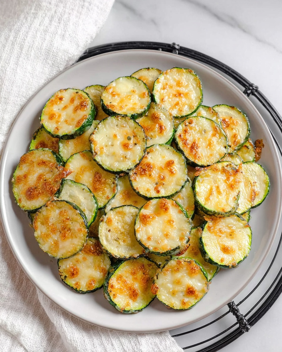 The image shows many round slices of zucchini arranged close together on a white marbled surface. Each slice has a green outer edge and a soft yellow center covered with a layer of melted and slightly browned cheese that looks creamy and textured, with golden spots where the cheese browned more. The zucchini slices have a slight shine, showing they are cooked but not dry. The cheese layer is smooth with small bubbles and a few crispy edges. The lighting makes the cheese and zucchini slices look warm and fresh. photo taken with an iphone --ar 4:5 --v 7