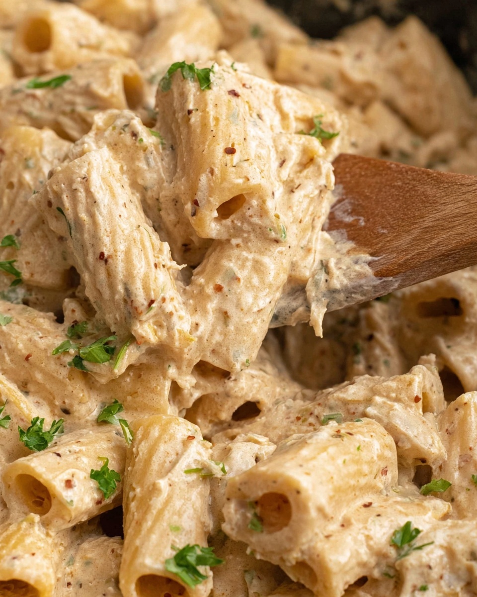 This close-up image shows a creamy pasta dish with three layers of rigatoni pasta coated in a thick beige sauce with herbs and spices. Small green parsley pieces are scattered on top, adding a fresh contrast. A wooden spoon is lifting some of the pasta, showing the smooth, creamy texture of the sauce and the well-cooked pasta tubes. The pasta shapes are tubular and slightly rough on the surface, covered evenly by the sauce. Photo taken with an iphone --ar 4:5 --v 7