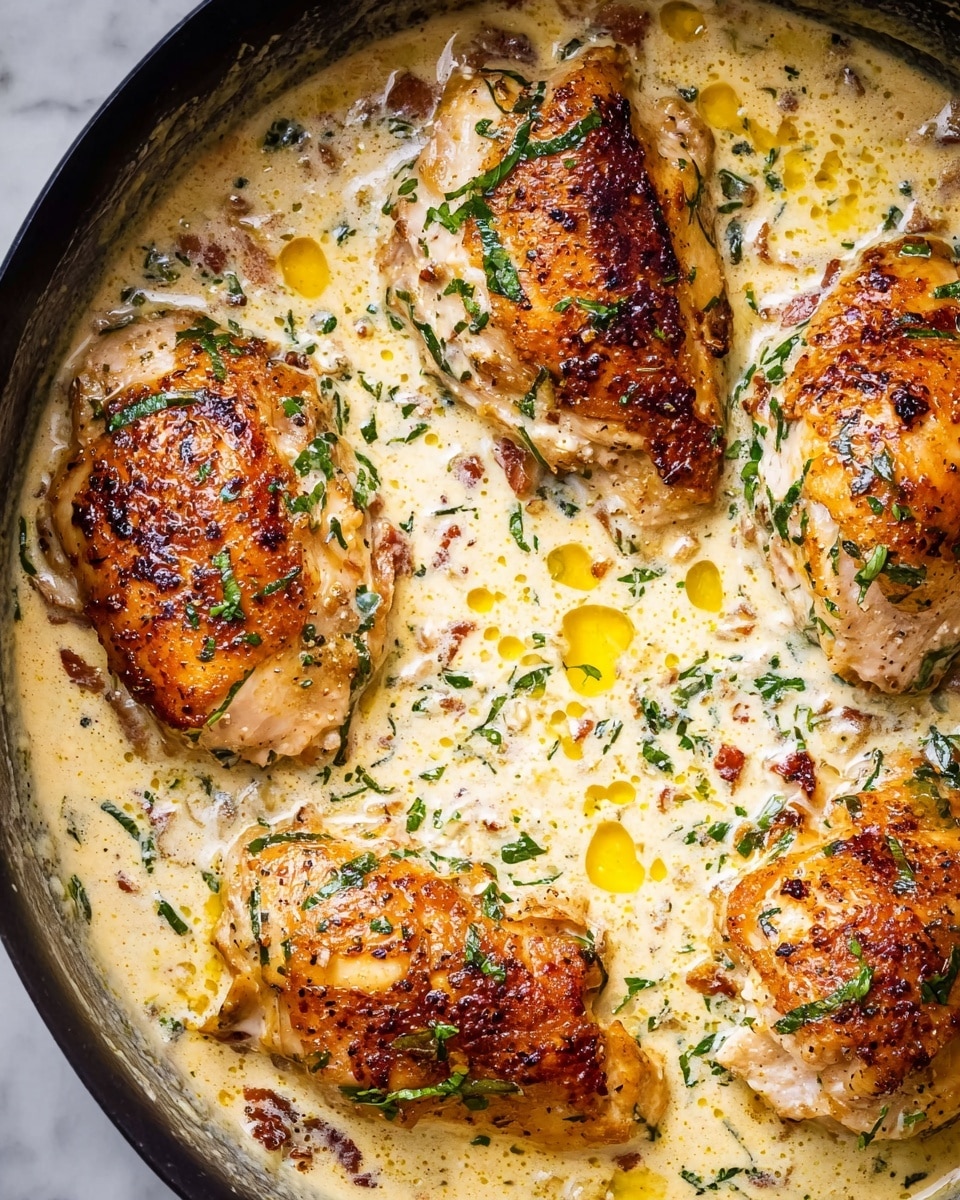 A close-up view of a skillet with four browned chicken pieces sitting in a creamy sauce. The sauce is off-white with bright yellow oil droplets and small green herb pieces scattered throughout. Tiny brown bits are mixed in the sauce, adding texture. The chicken has a crispy golden surface with some dark seared spots. The herbs are layered evenly over the chicken and sauce, giving a fresh look. The skillet holds the chicken and sauce closely, showing the creamy texture with some visible bubbles. The background is a white marbled texture. photo taken with an iphone --ar 4:5 --v 7