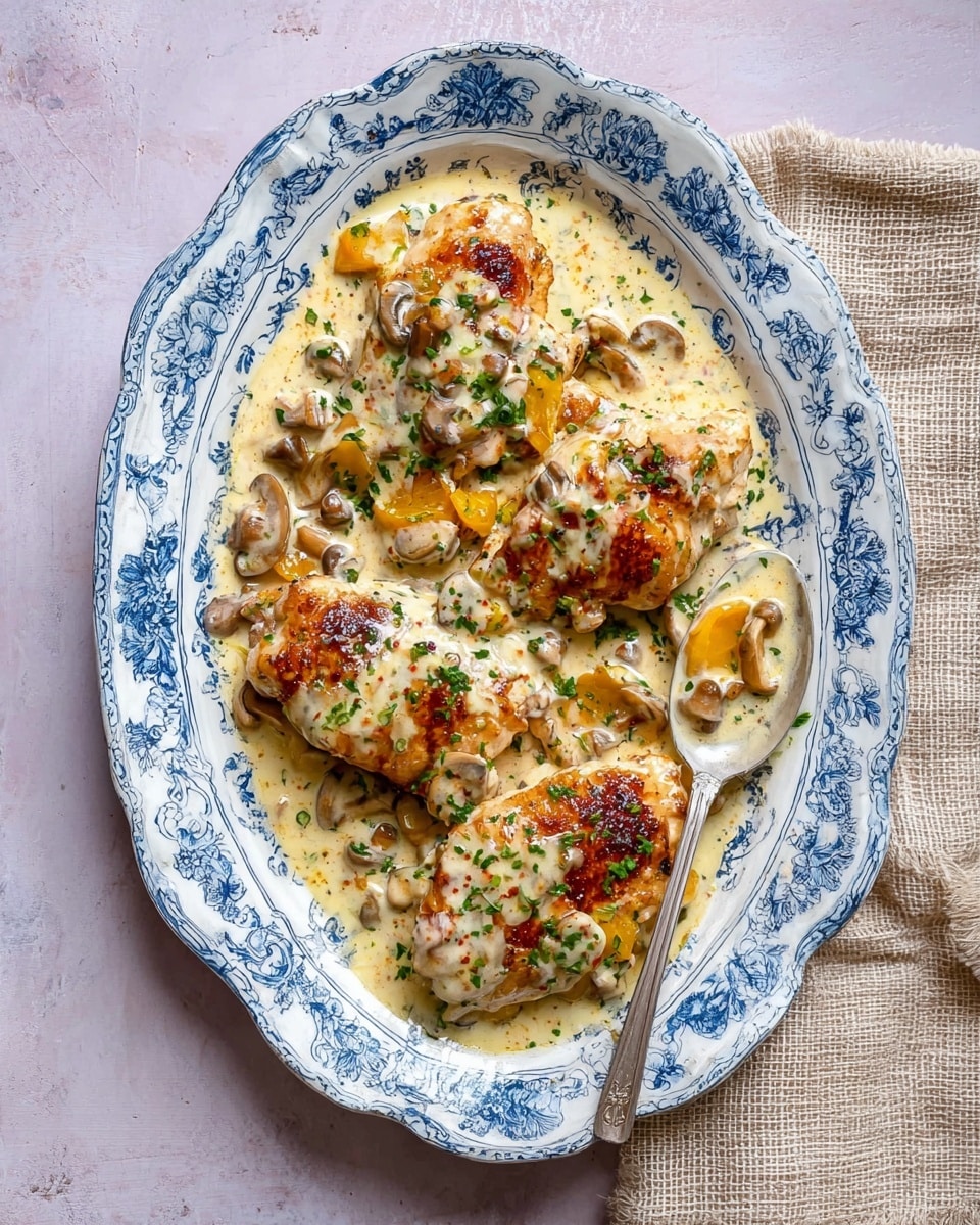 The image shows four browned chicken pieces on a white and blue patterned oval plate. The chicken is covered in a creamy sauce with small orange mushroom pieces and sprinkled with green herbs. There is a silver spoon resting on the right side of the plate, partially covered in the sauce. The plate is placed on a light purple surface with a beige textured cloth on the top right corner. Photo taken with an iphone --ar 4:5 --v 7