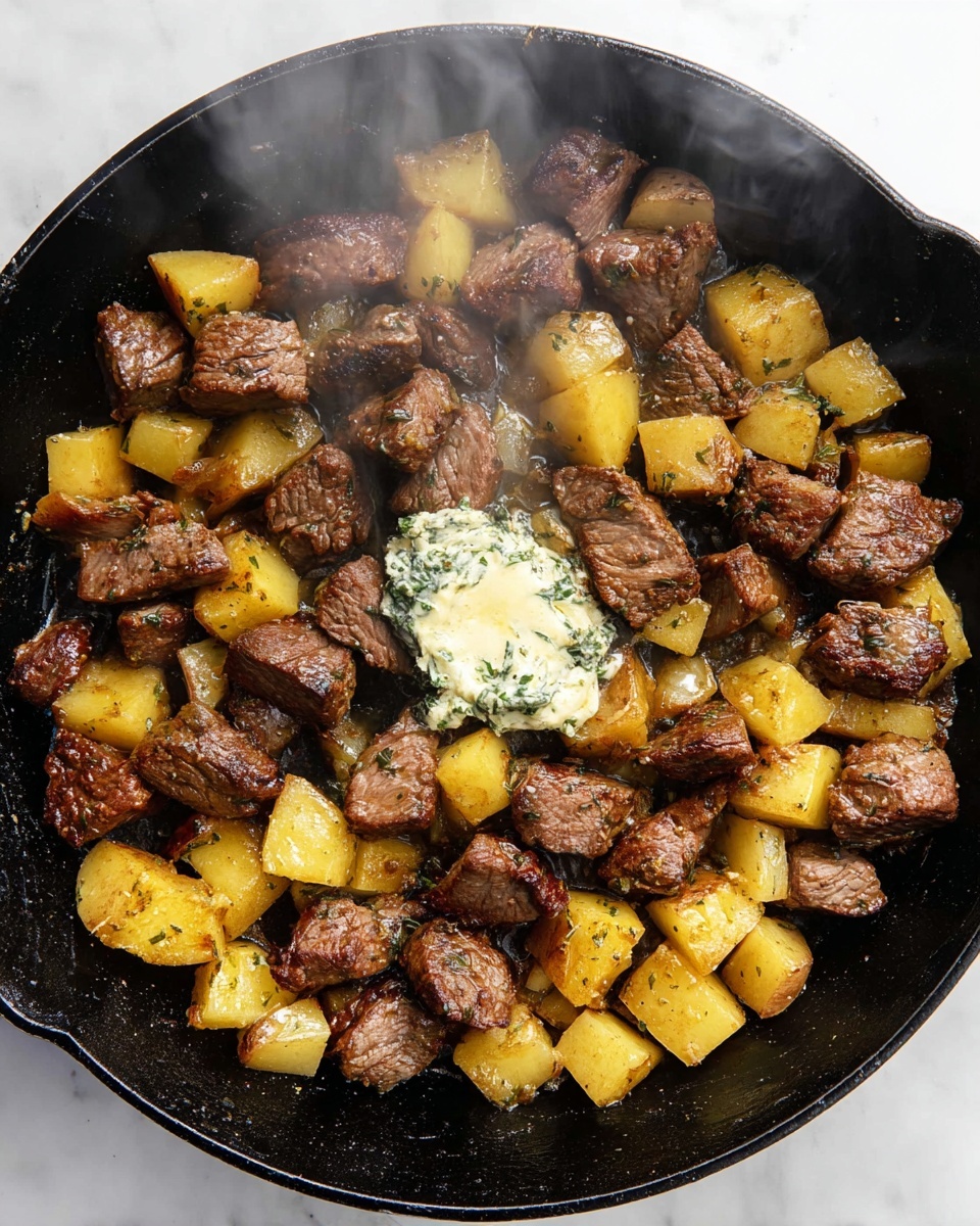 A close-up of a black cast iron pan filled with browned beef chunks and golden-yellow potato cubes, all evenly spread out in the pan. The beef pieces have a slightly rough and textured surface, showing areas of caramelization. The potatoes are soft-looking with a light crust on some sides. On top of the beef in the center, there is a dollop of creamy herb butter melting slowly, with visible green specks of herbs. Steam is rising gently from the pan, suggesting the food is hot. The pan sits on a white marbled surface. Photo taken with an iphone --ar 4:5 --v 7