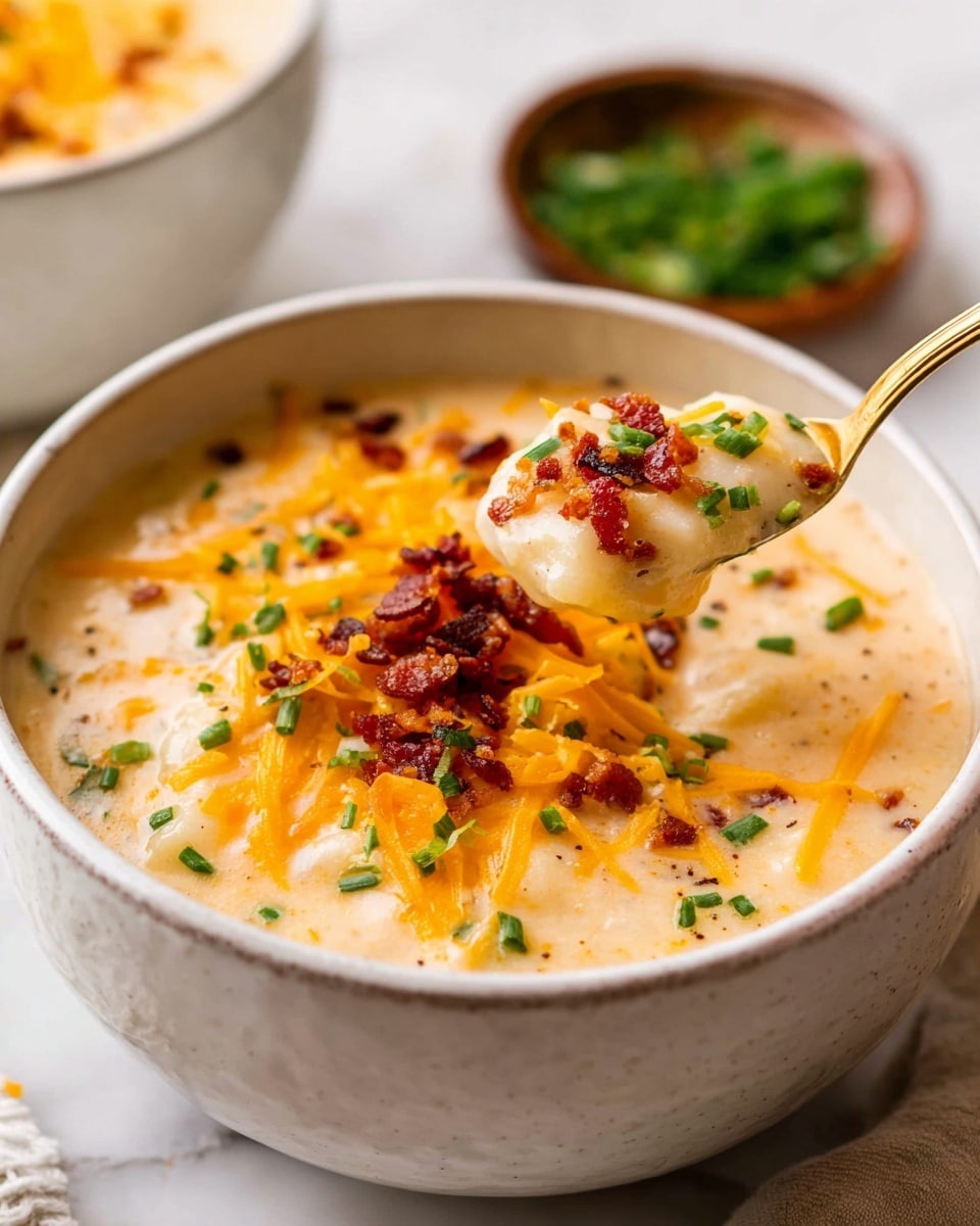 This image shows a creamy dish served in a round white bowl, filled with soft, thick pieces in a creamy sauce. The top layer is sprinkled with bright orange shredded cheese, small dark red crispy bits, and fresh green scallion slices. There is a light dusting of black pepper all over. A golden spoon rests inside the bowl on the right side, and the bowl sits on a white marbled surface with a gray cloth nearby. In the upper right corner, there is a small brown bowl filled with more green scallions. Photo taken with an iphone --ar 4:5 --v 7
