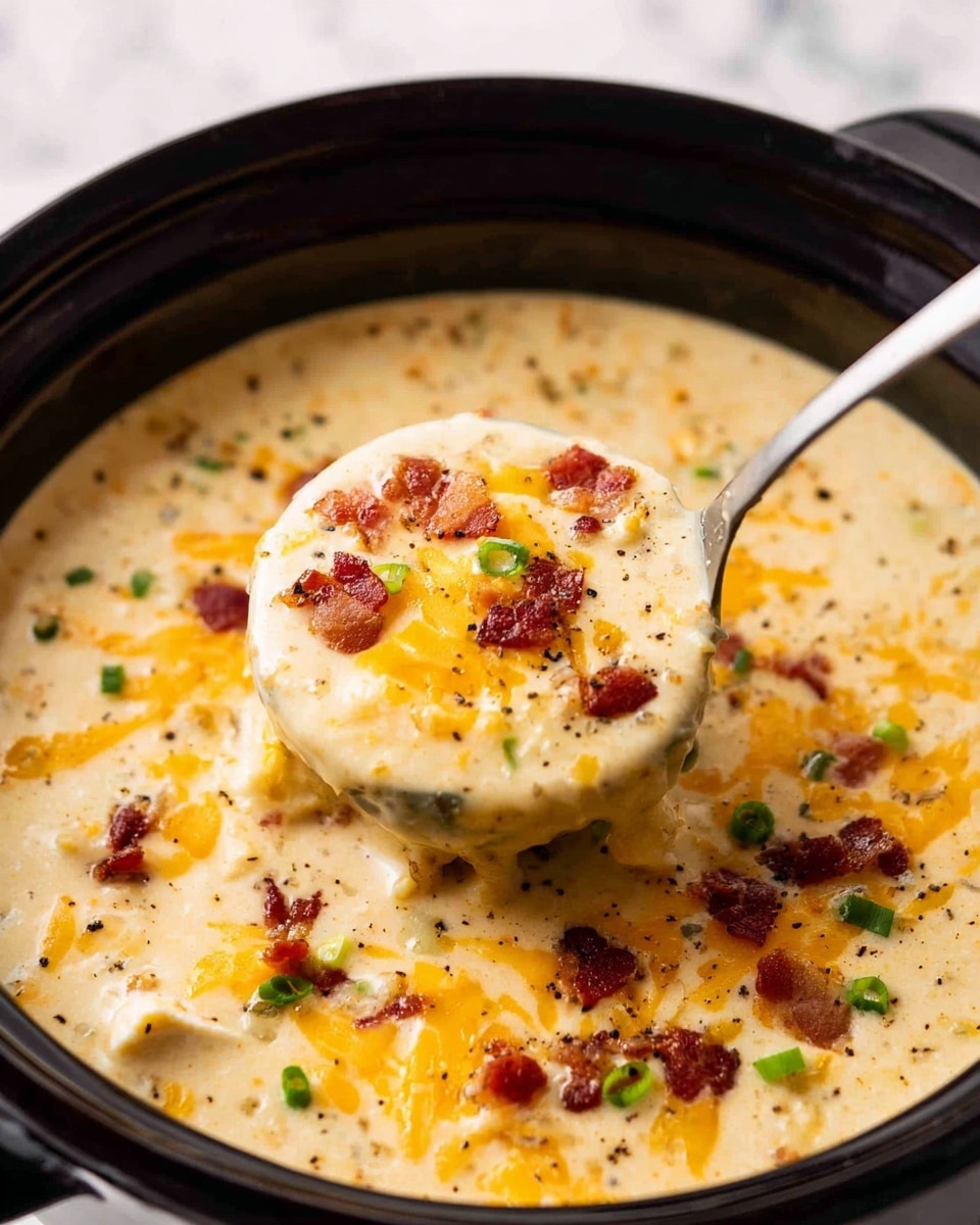 A white ceramic bowl filled with creamy, thick soup that has a pale orange color base with small soft potato pieces. On top, there is a layer of shredded bright orange cheddar cheese, crispy dark brown bacon bits, and scattered bright green chopped scallions. A golden spoon lifts a spoonful of the soup, showing the creamy texture mixed with cheese, bacon, and scallions. The bowl sits on a white marbled surface with a small bowl of additional green garnish blurred in the background. photo taken with an iphone --ar 4:5 --v 7